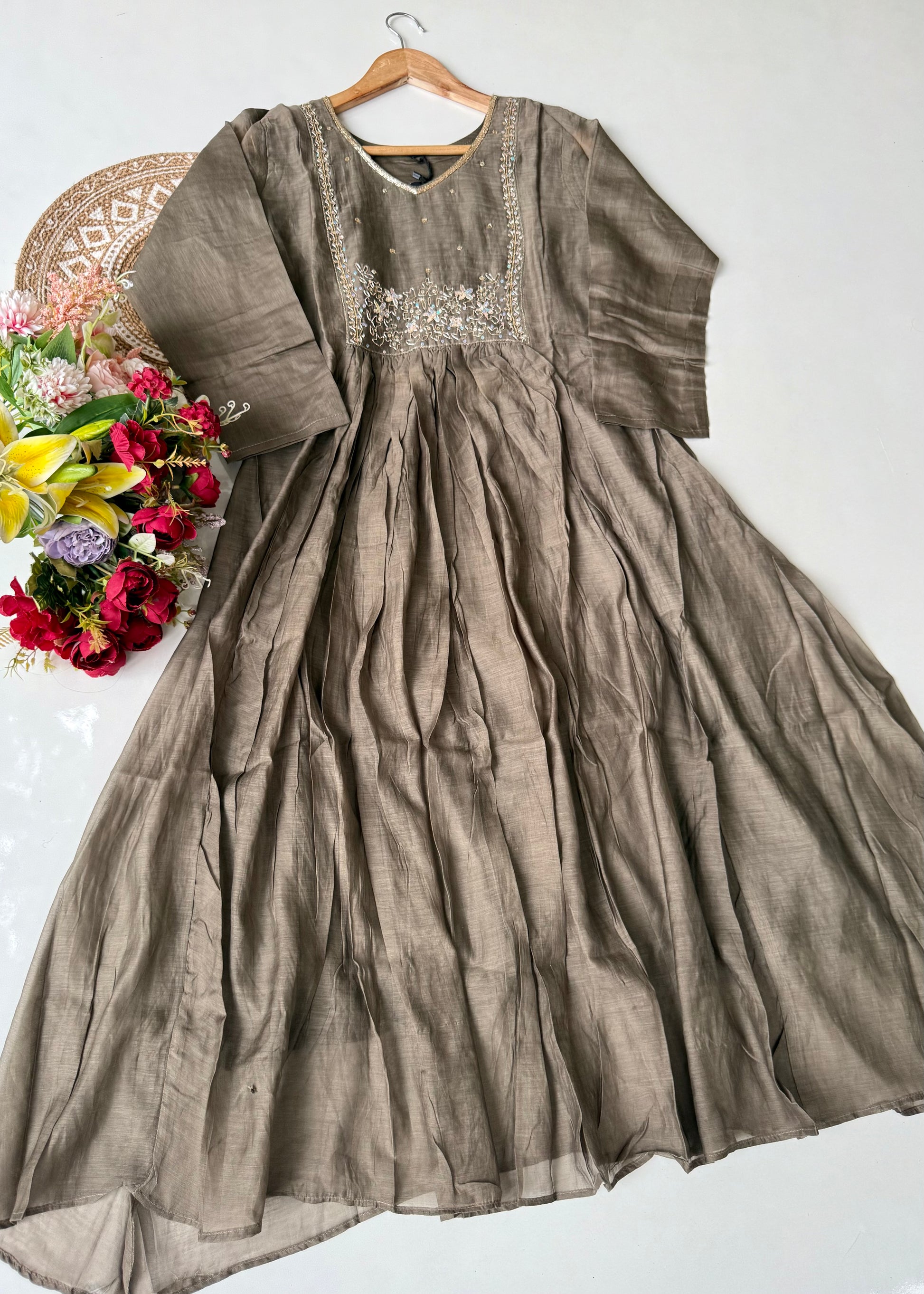 “Eiryan” Olive Brown Mul Chanderi Handwork Anarkali suit set