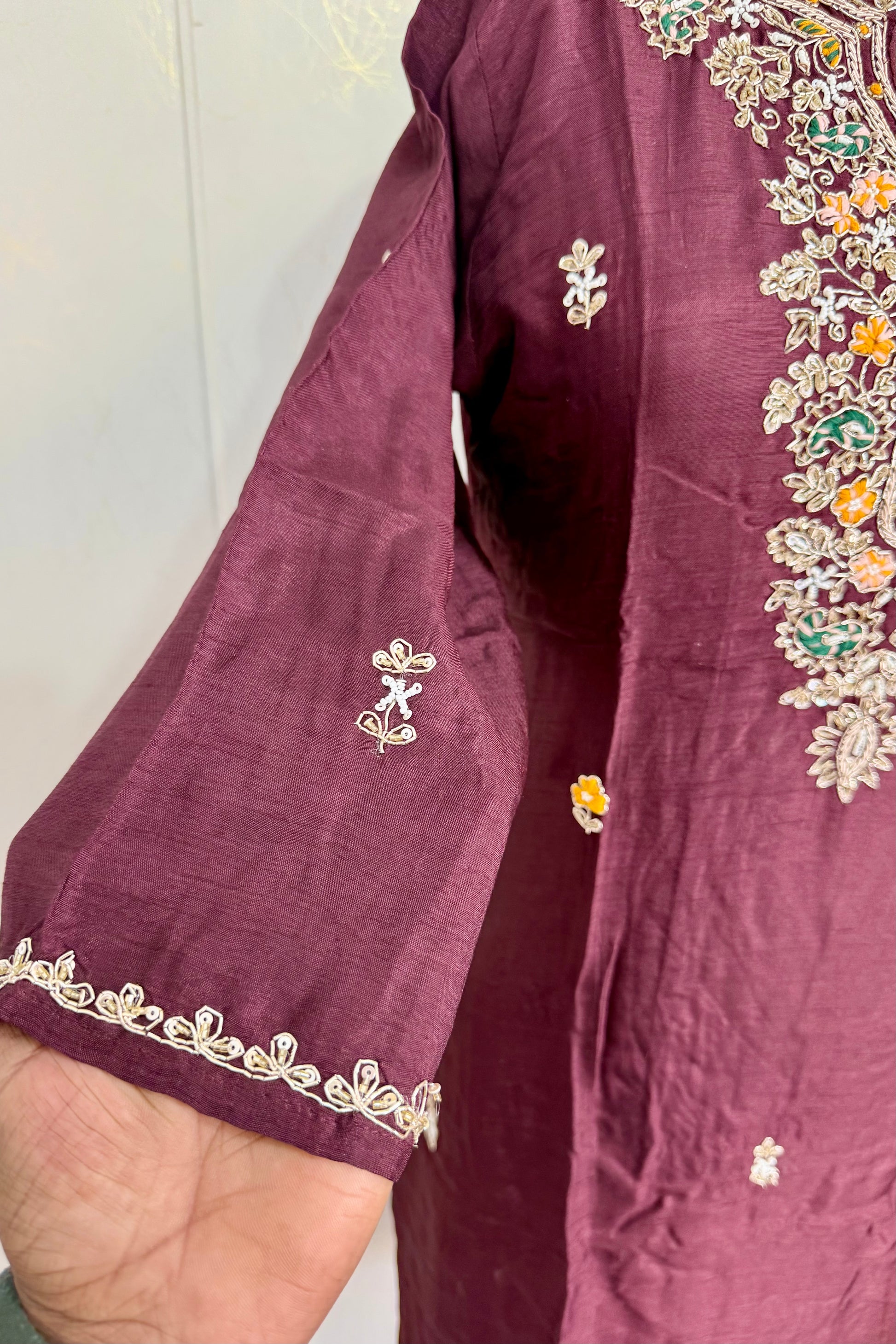 “ISHIKA” Brwon handcrafted dola silk kurti set