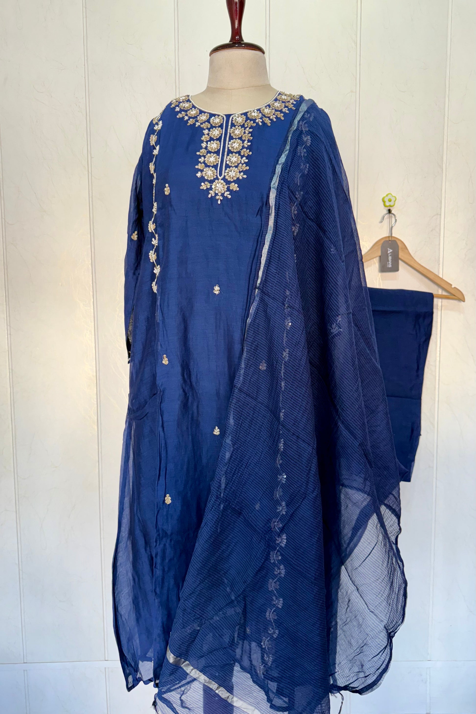 “Faraj” Navy Blue Pure Mul-Chanderi Party wear A Line suit set