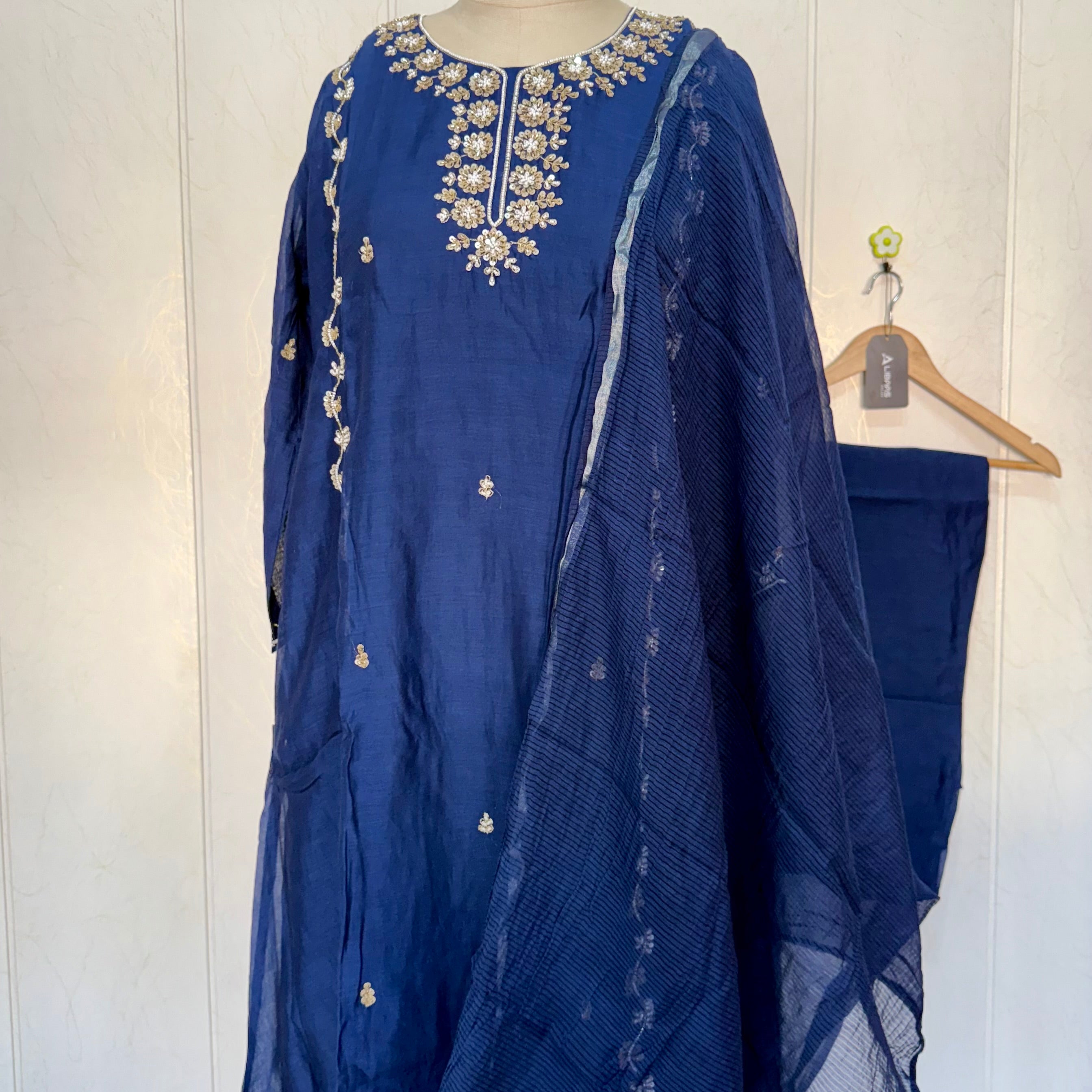 “Faraj” Navy Blue Pure Mul-Chanderi Party wear A Line suit set