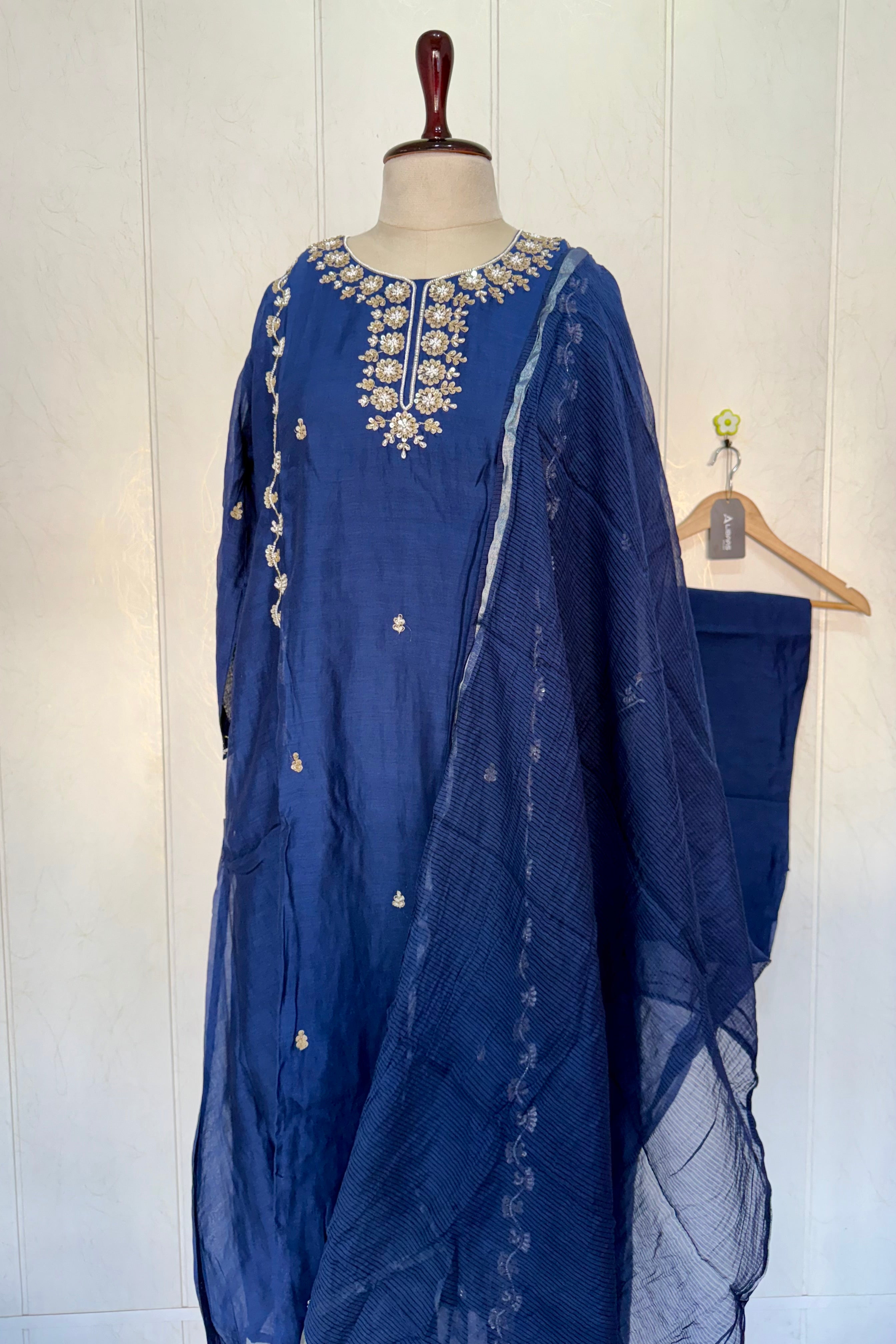 “Faraj” Navy Blue Pure Mul-Chanderi Party wear A Line suit set