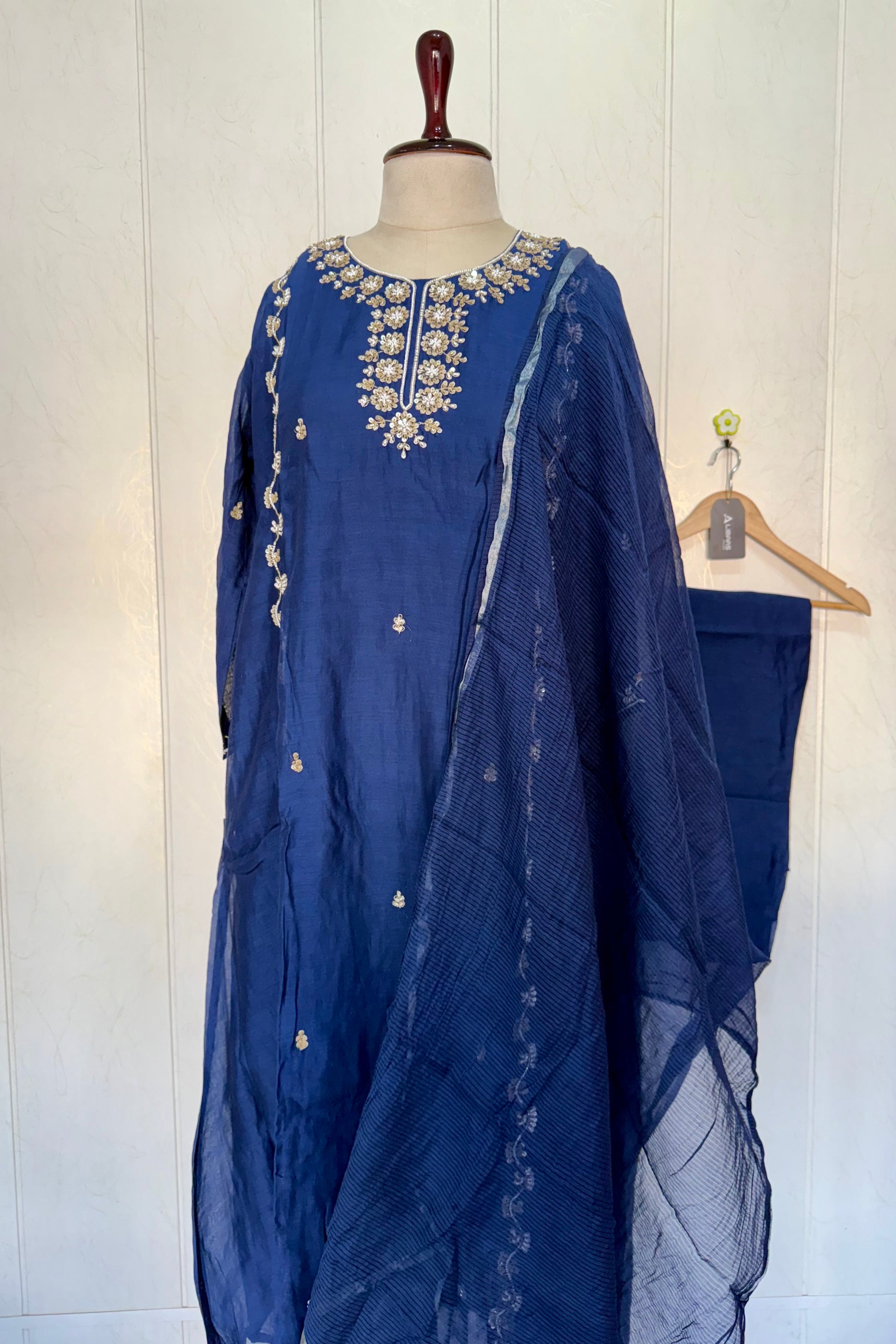 “Faraj” Navy Blue Pure Mul-Chanderi Party wear A Line suit set