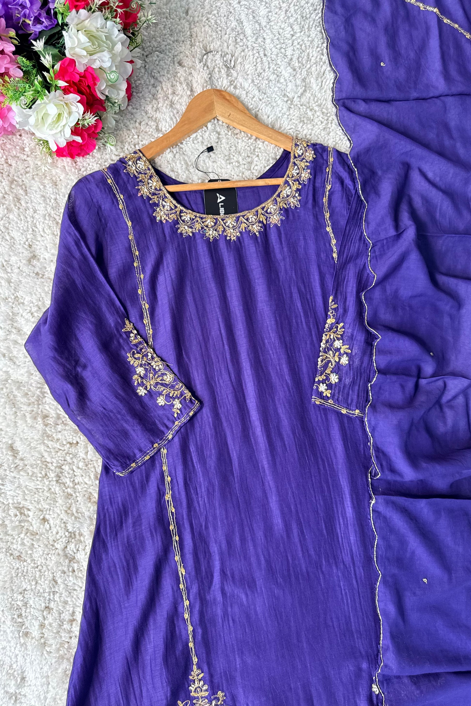 💕”Nayra – Premium Purpel Mul Chanderi A-Line Kurta Set
