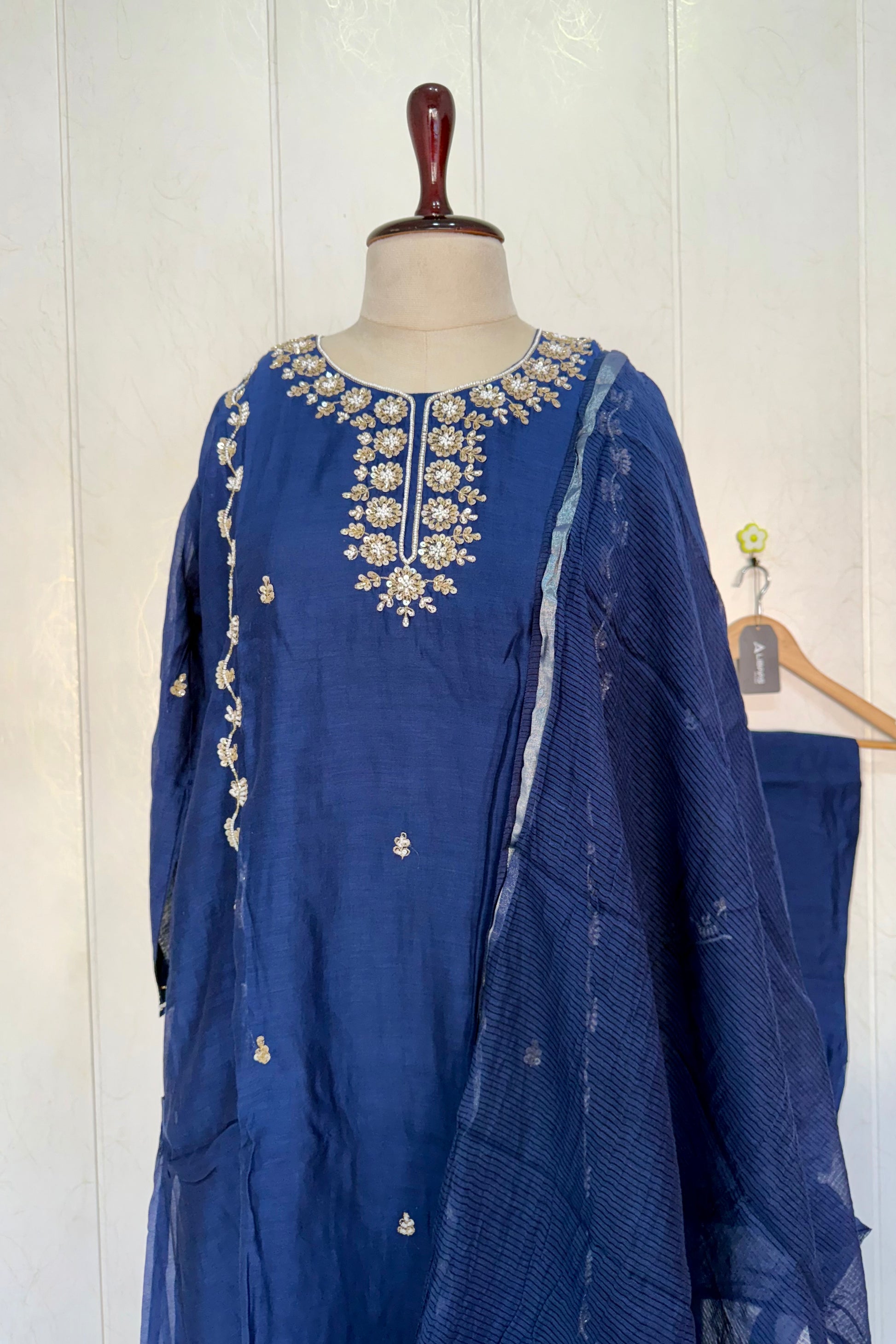 “Faraj” Navy Blue Pure Mul-Chanderi Party wear A Line suit set