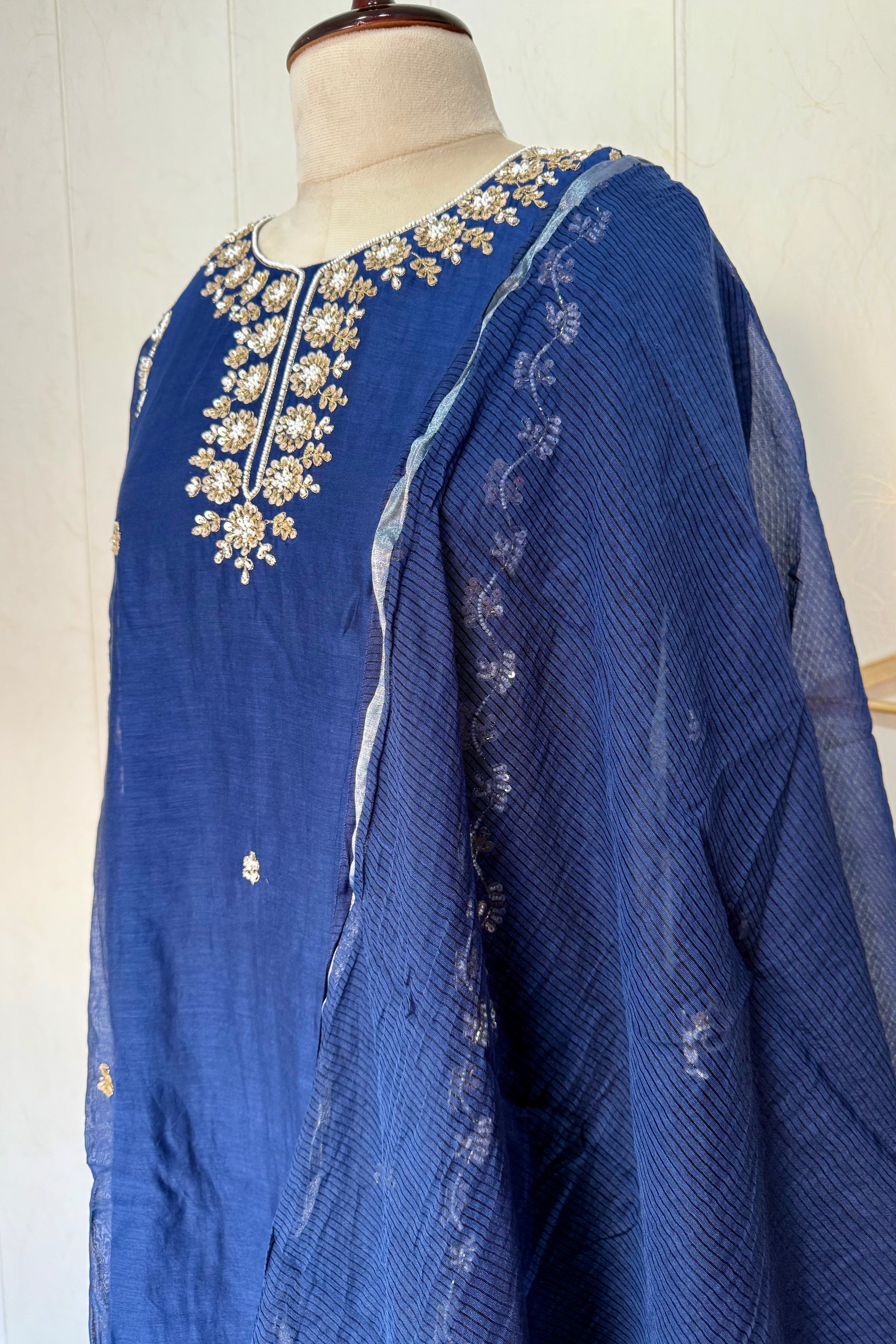 “Faraj” Navy Blue Pure Mul-Chanderi Party wear A Line suit set