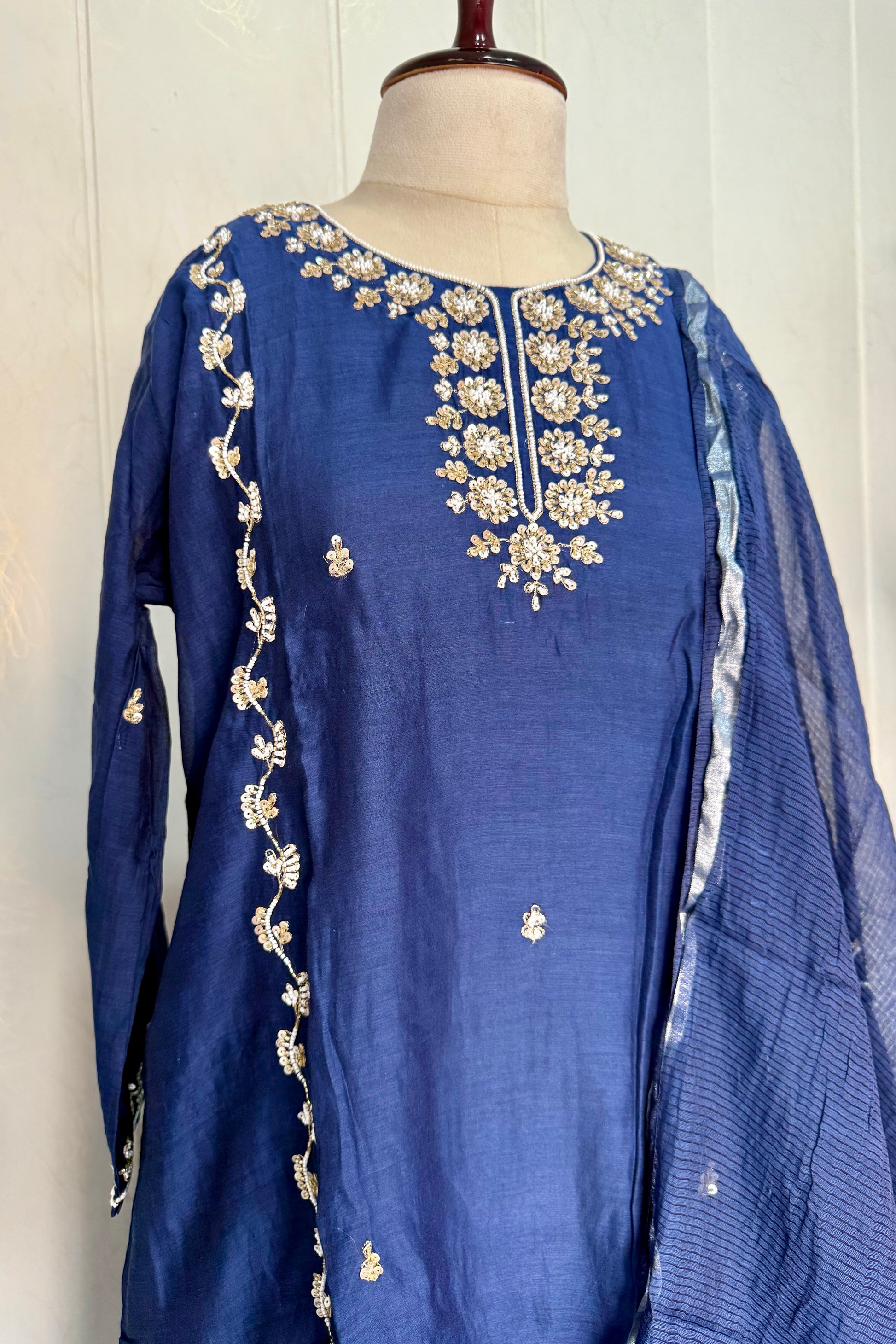 “Faraj” Navy Blue Pure Mul-Chanderi Party wear A Line suit set