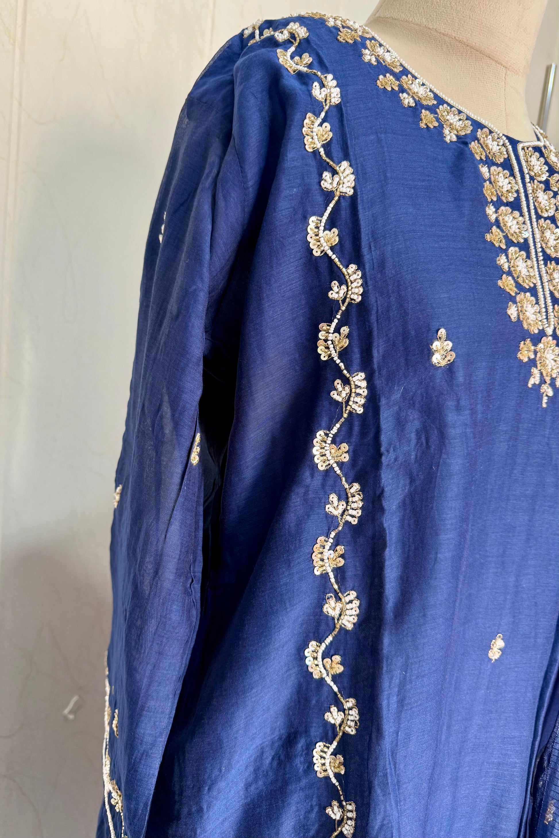 “Faraj” Navy Blue Pure Mul-Chanderi Party wear A Line suit set