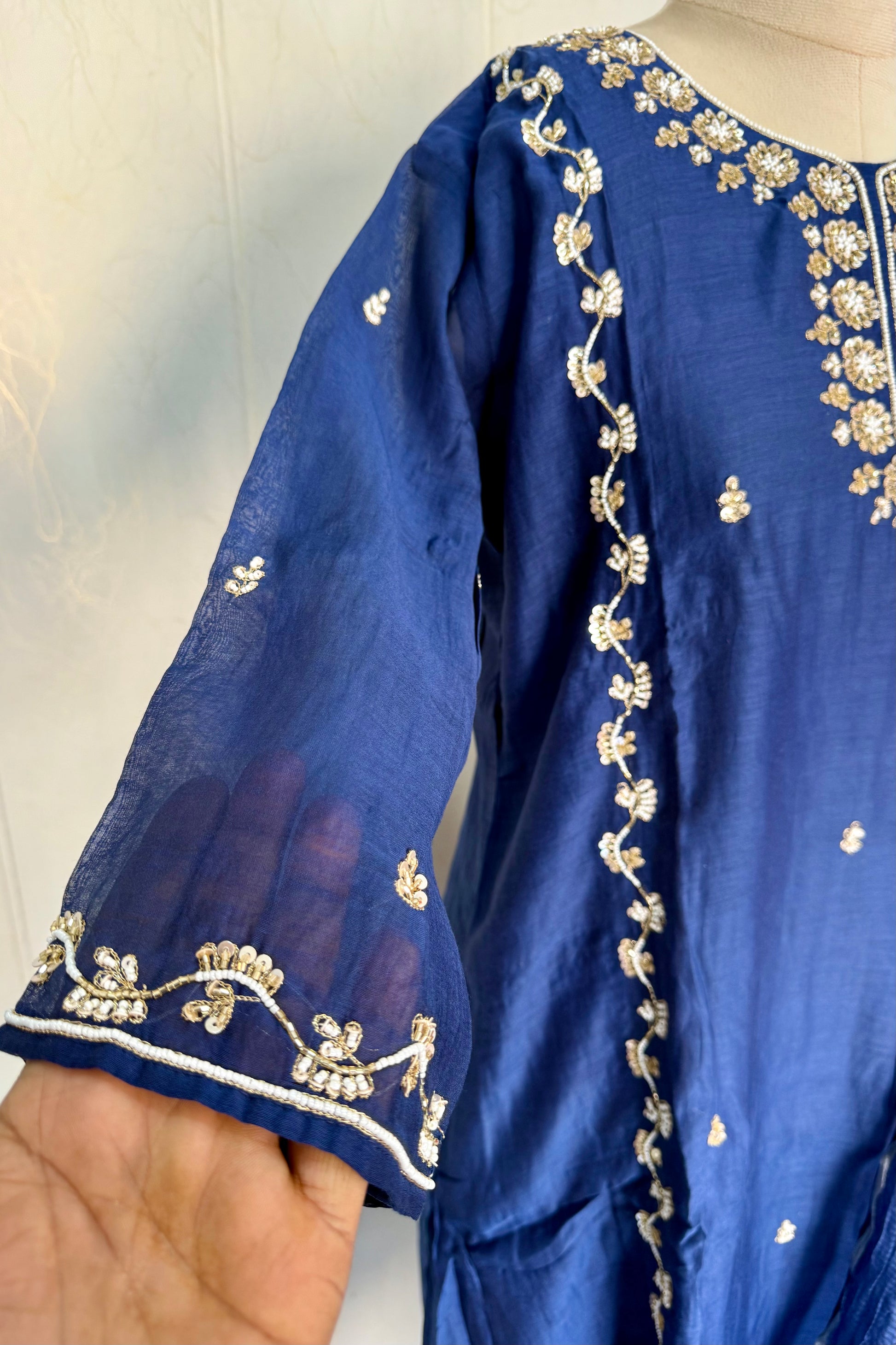 “Faraj” Navy Blue Pure Mul-Chanderi Party wear A Line suit set