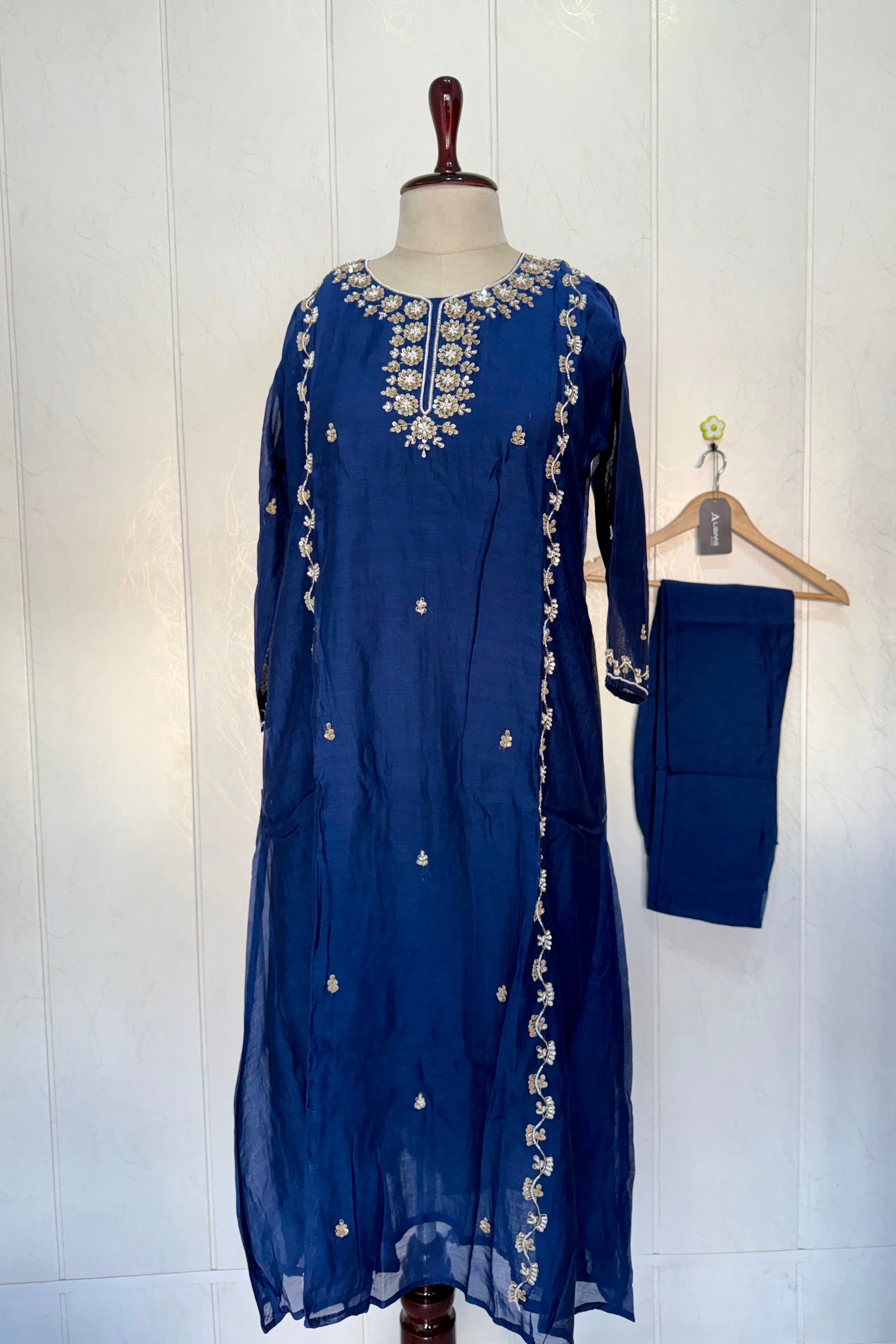 “Faraj” Navy Blue Pure Mul-Chanderi Party wear A Line suit set