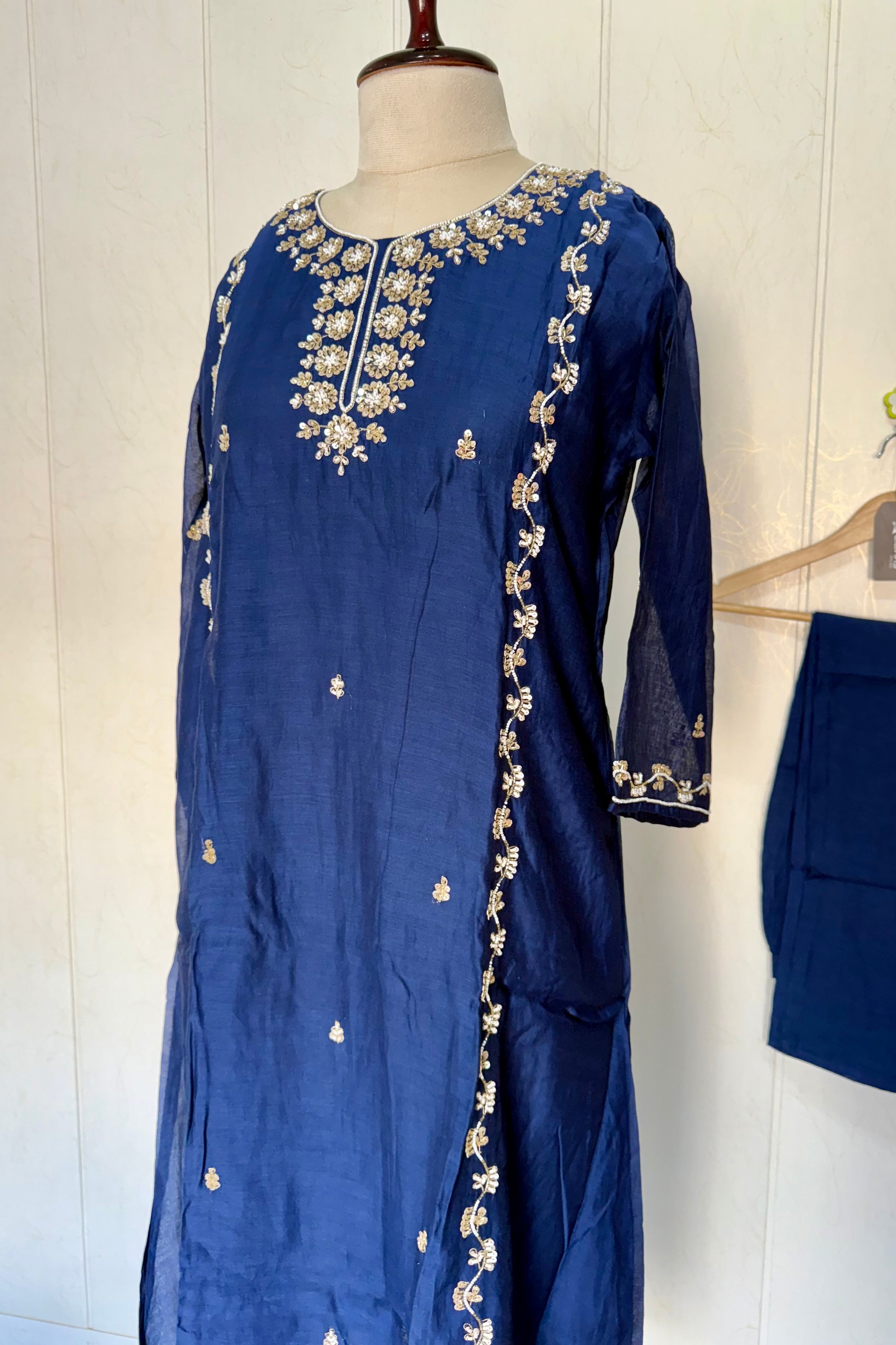 “Faraj” Navy Blue Pure Mul-Chanderi Party wear A Line suit set