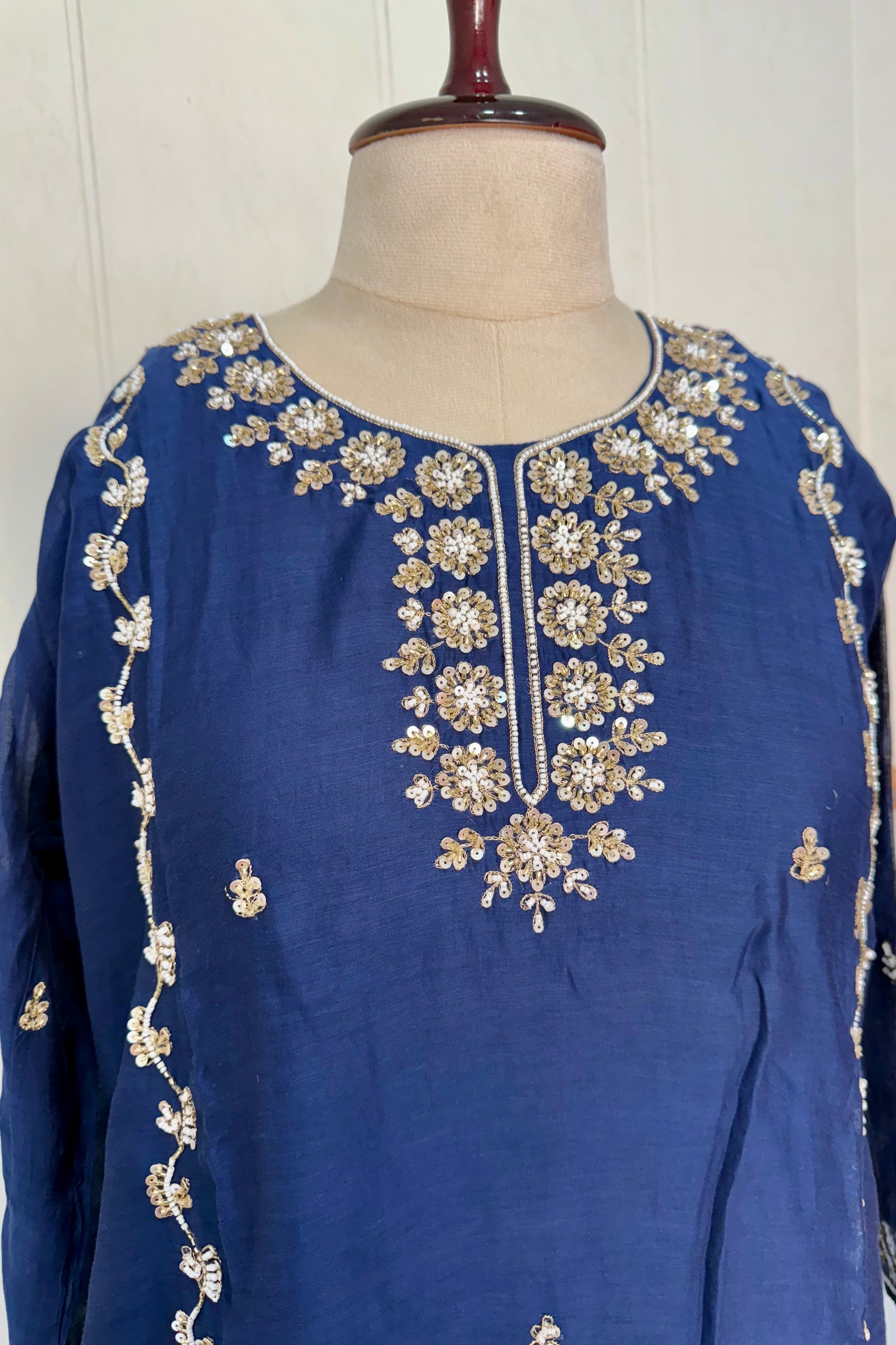 “Faraj” Navy Blue Pure Mul-Chanderi Party wear A Line suit set