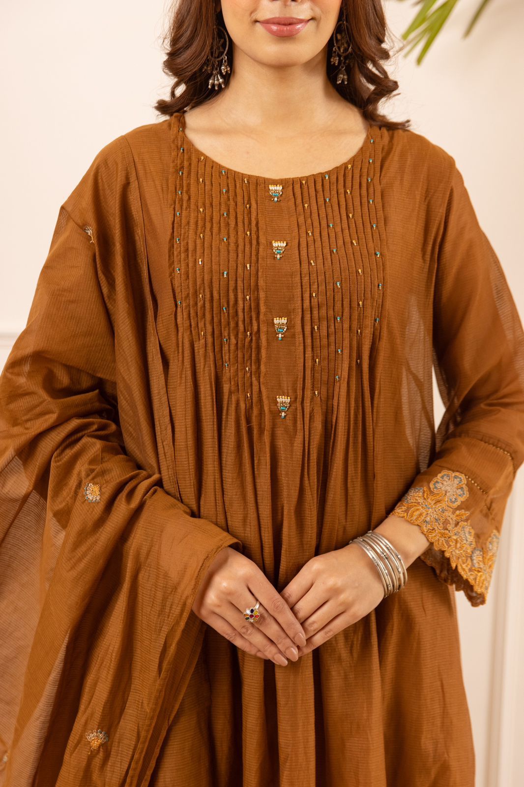 ✨Az01- Brown Kota Cotton Embroidered Anarkali Kurta Set