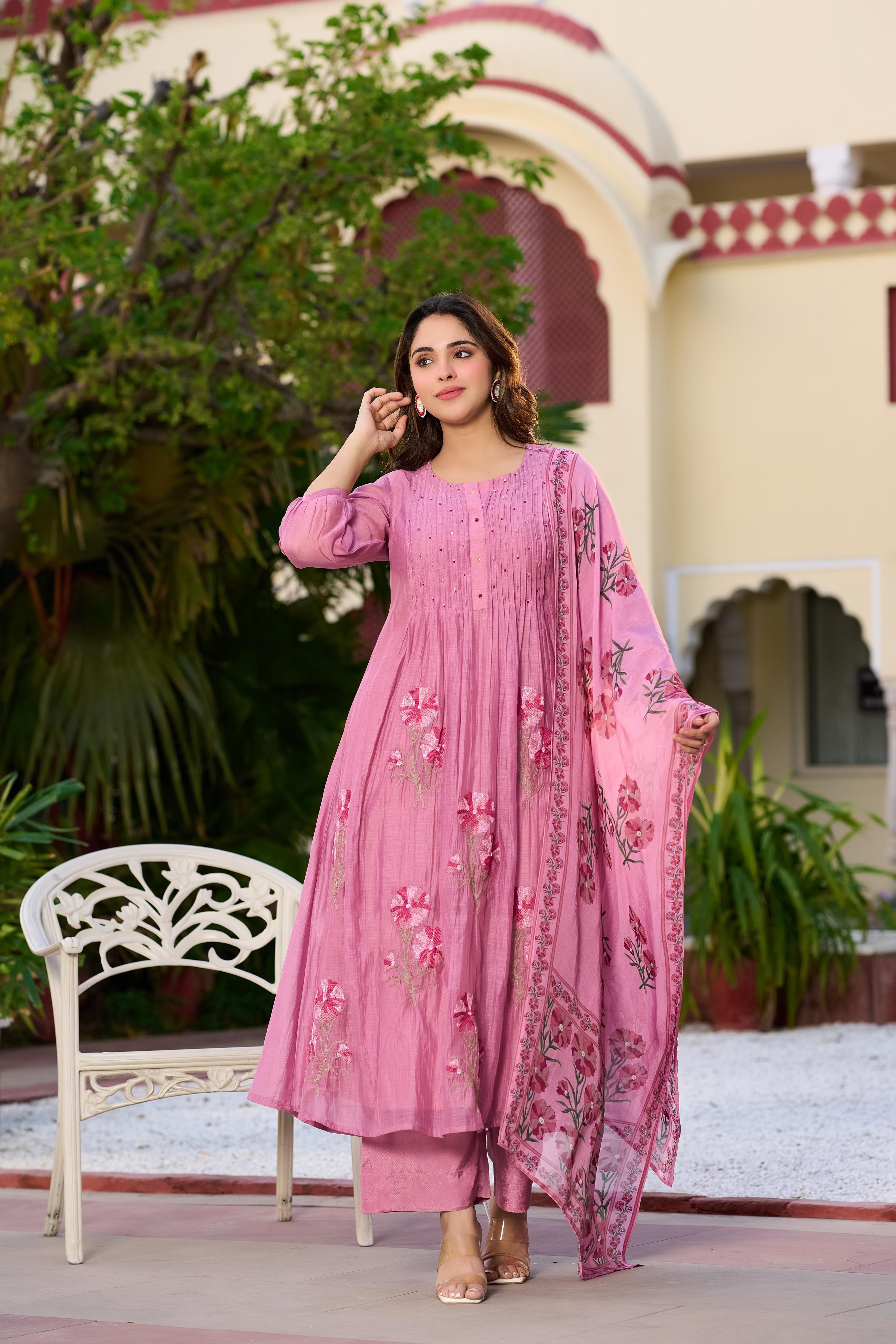 ✨Gulnaar- Rose Pink Mul Chanderi Embroidered Anarkali Kurta Set
