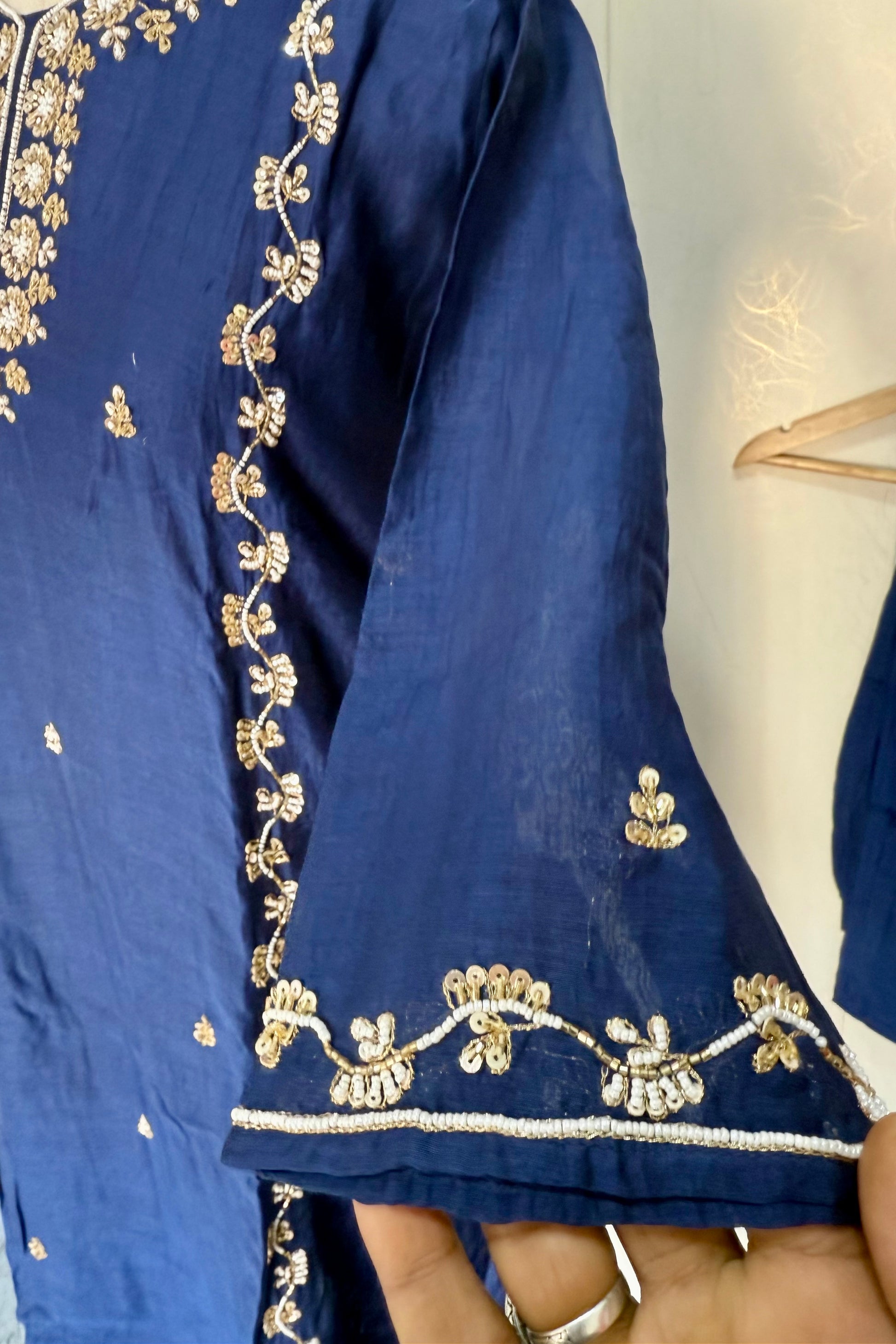 “Faraj” Navy Blue Pure Mul-Chanderi Party wear A Line suit set