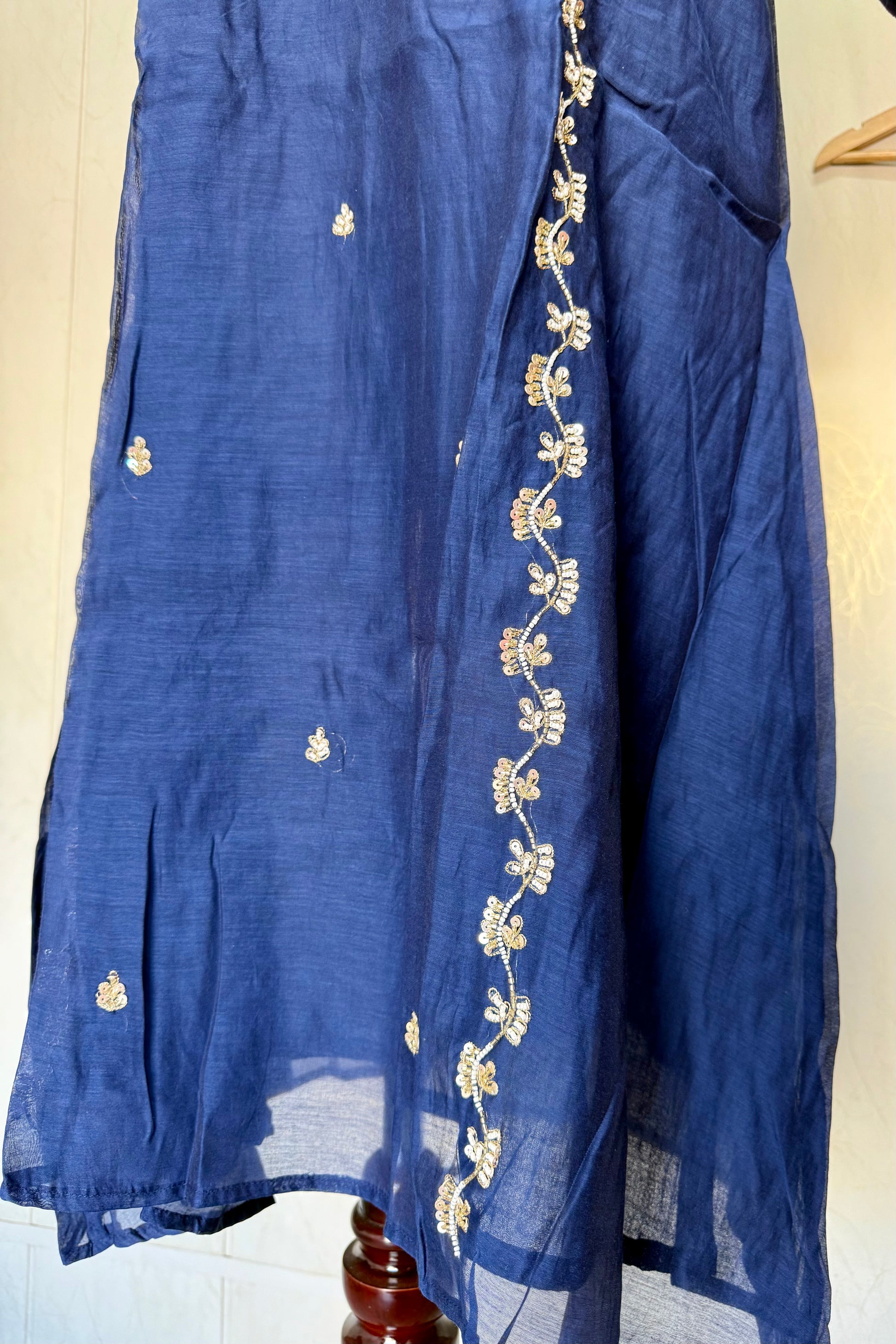 “Faraj” Navy Blue Pure Mul-Chanderi Party wear A Line suit set