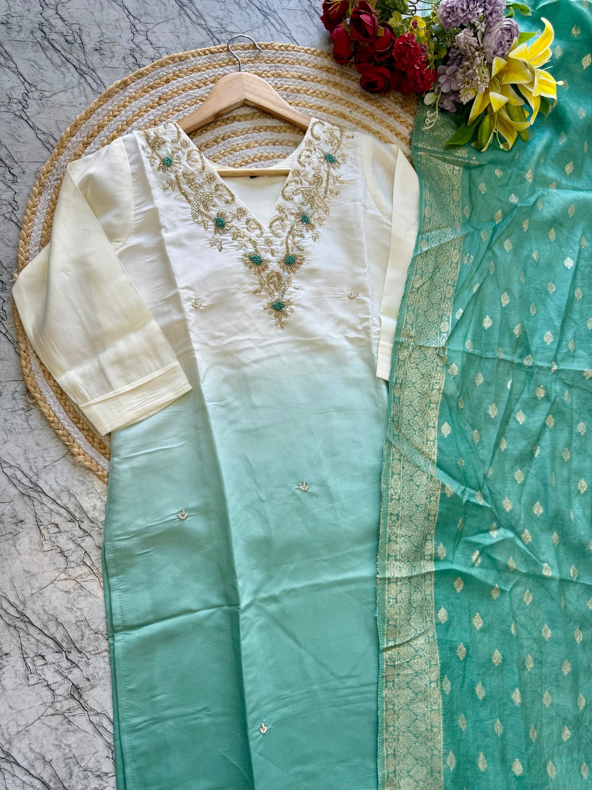 "VC" Latast Roman silk ombre kurti bottom with dupatta set