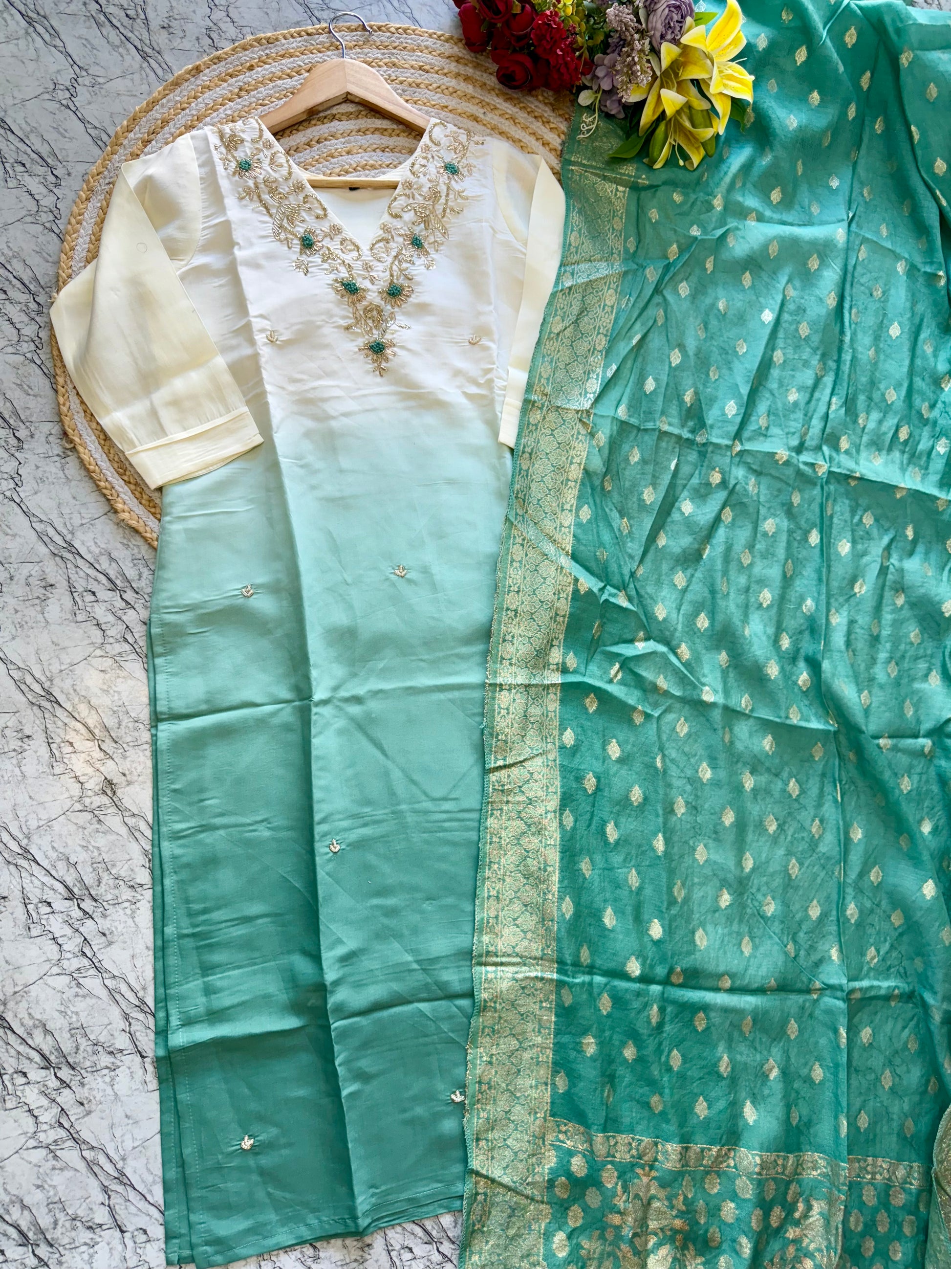 "VC" Latast Roman silk ombre kurti bottom with dupatta set