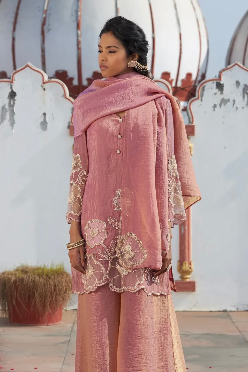 ✨Zarmina- Rose Gold Shimmer Crushed Tissue Palazzo Suit