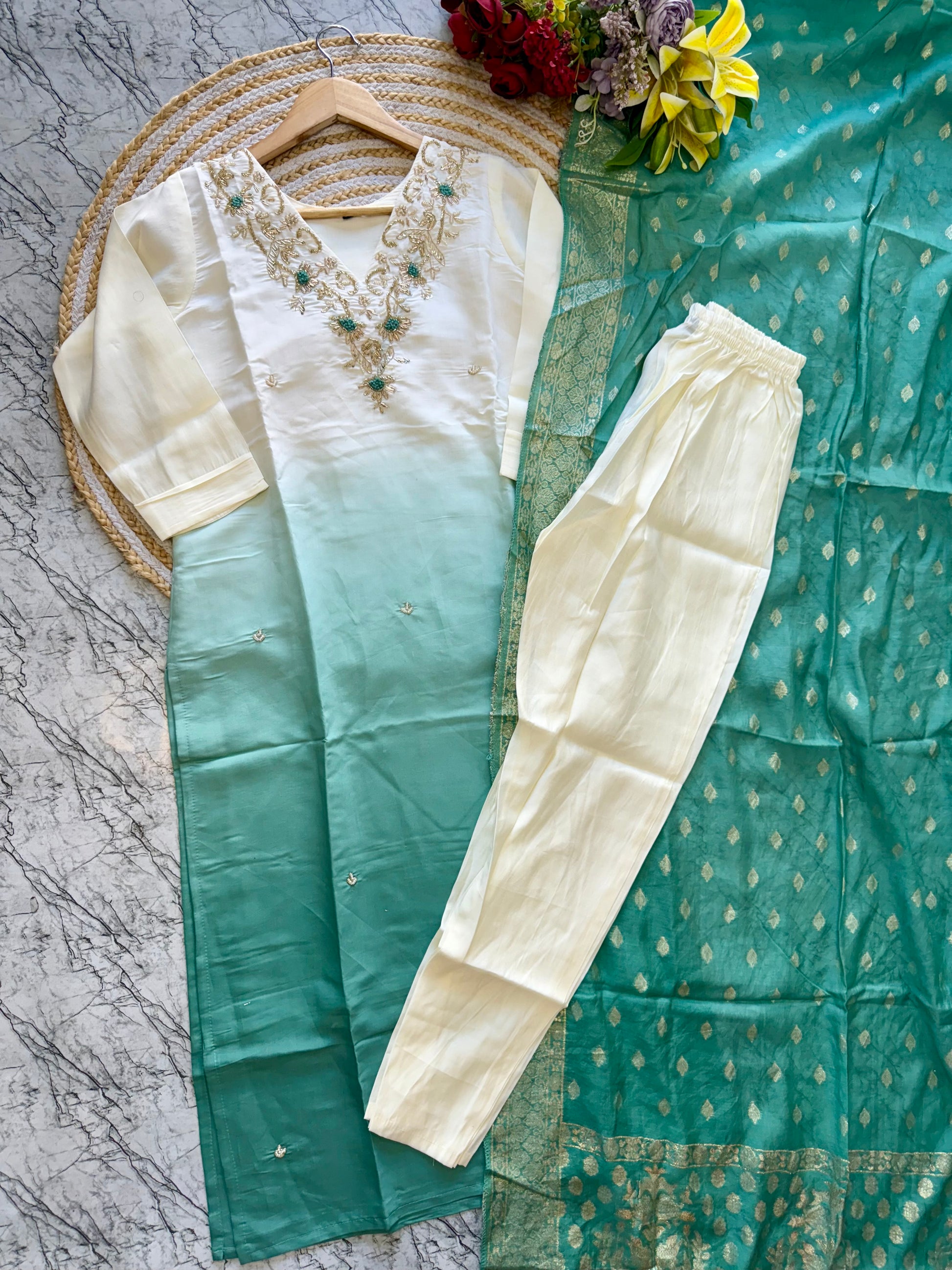 "VC" Latast Roman silk ombre kurti bottom with dupatta set