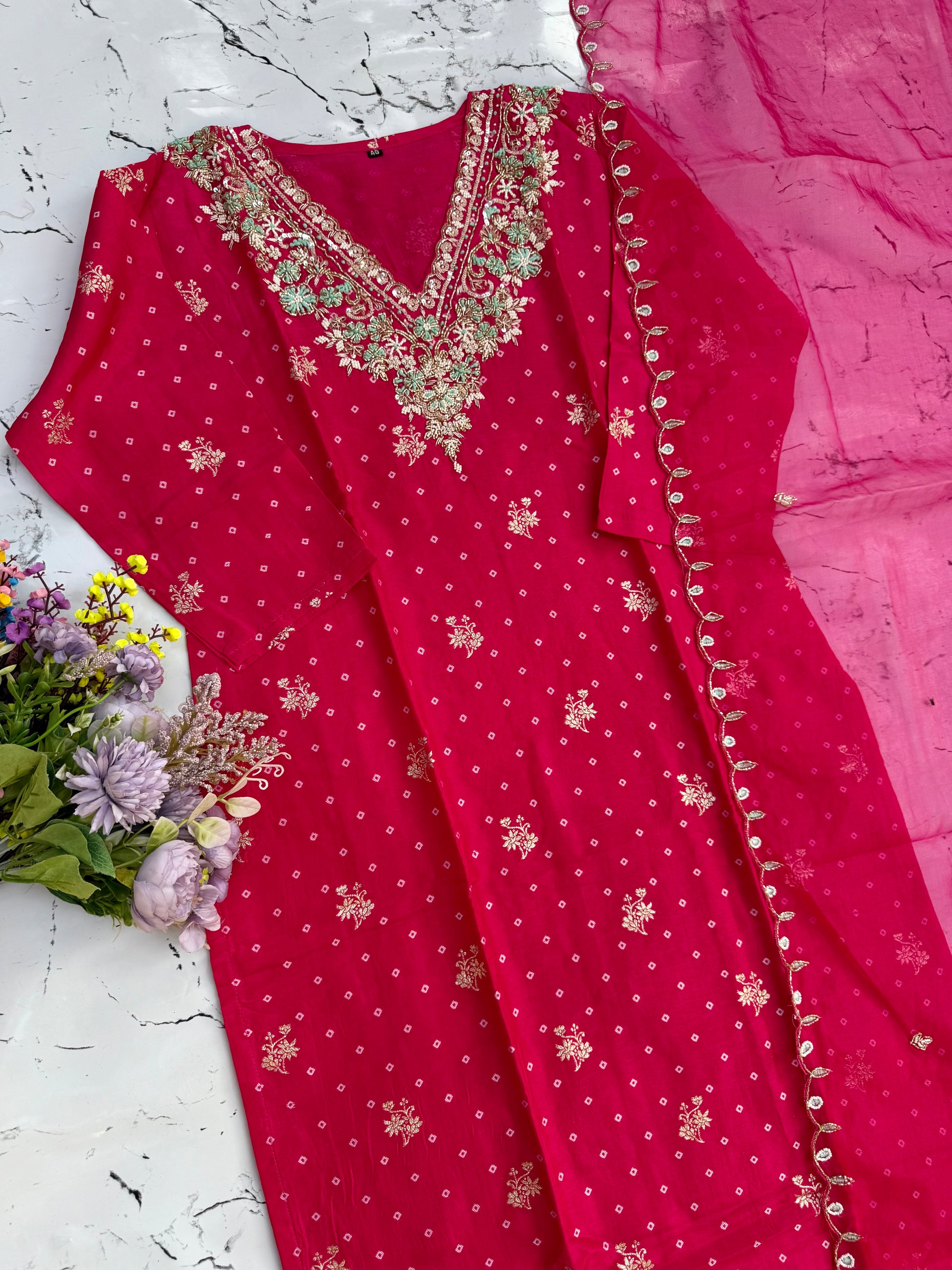 ‘’Rani” Beautiful Pink shade Russian  jacquard bhandej kurti set 🛍️