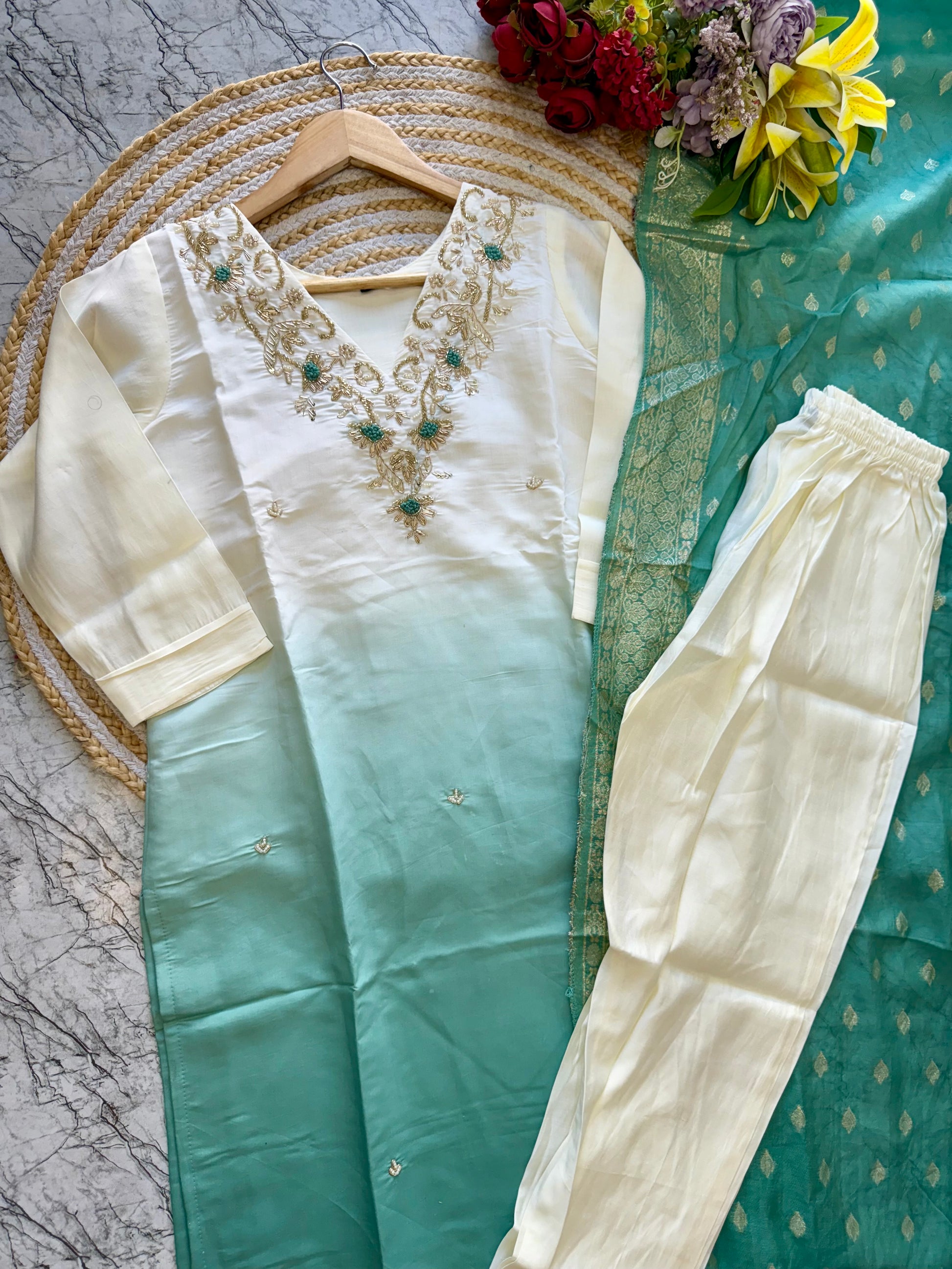 "VC" Latast Roman silk ombre kurti bottom with dupatta set