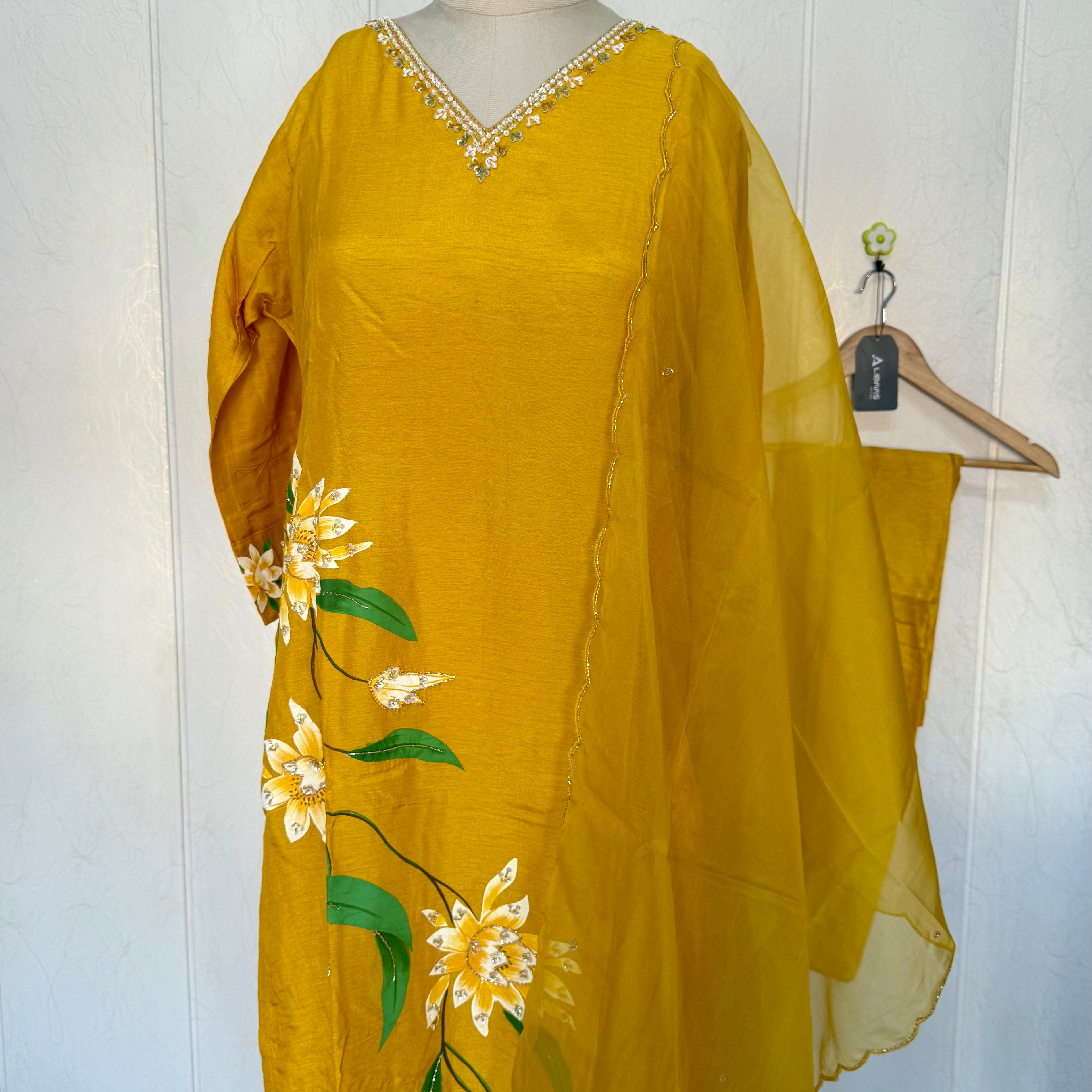 “Yeefa” Mustard Yellow dola silk hand print kurta set