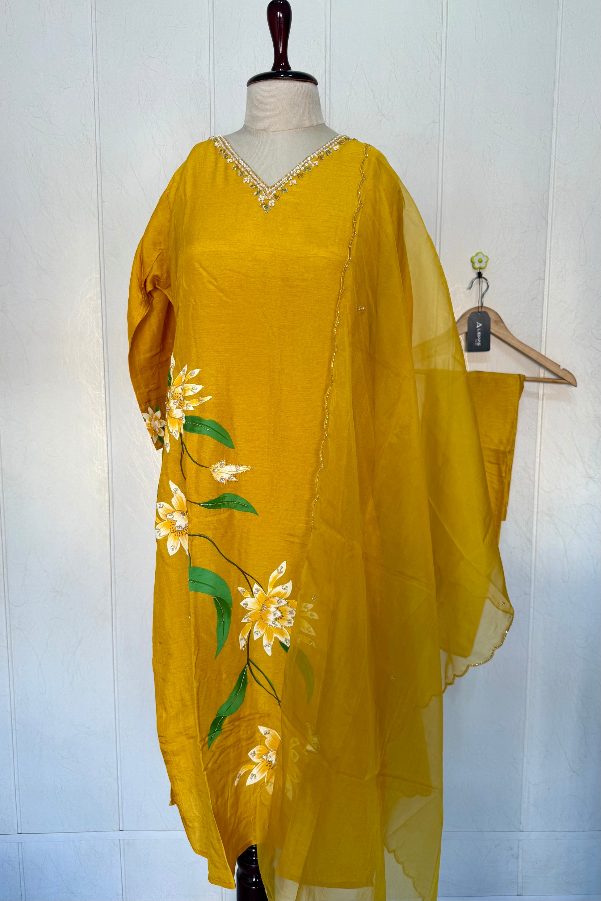 “Yeefa” Mustard Yellow dola silk hand print kurta set