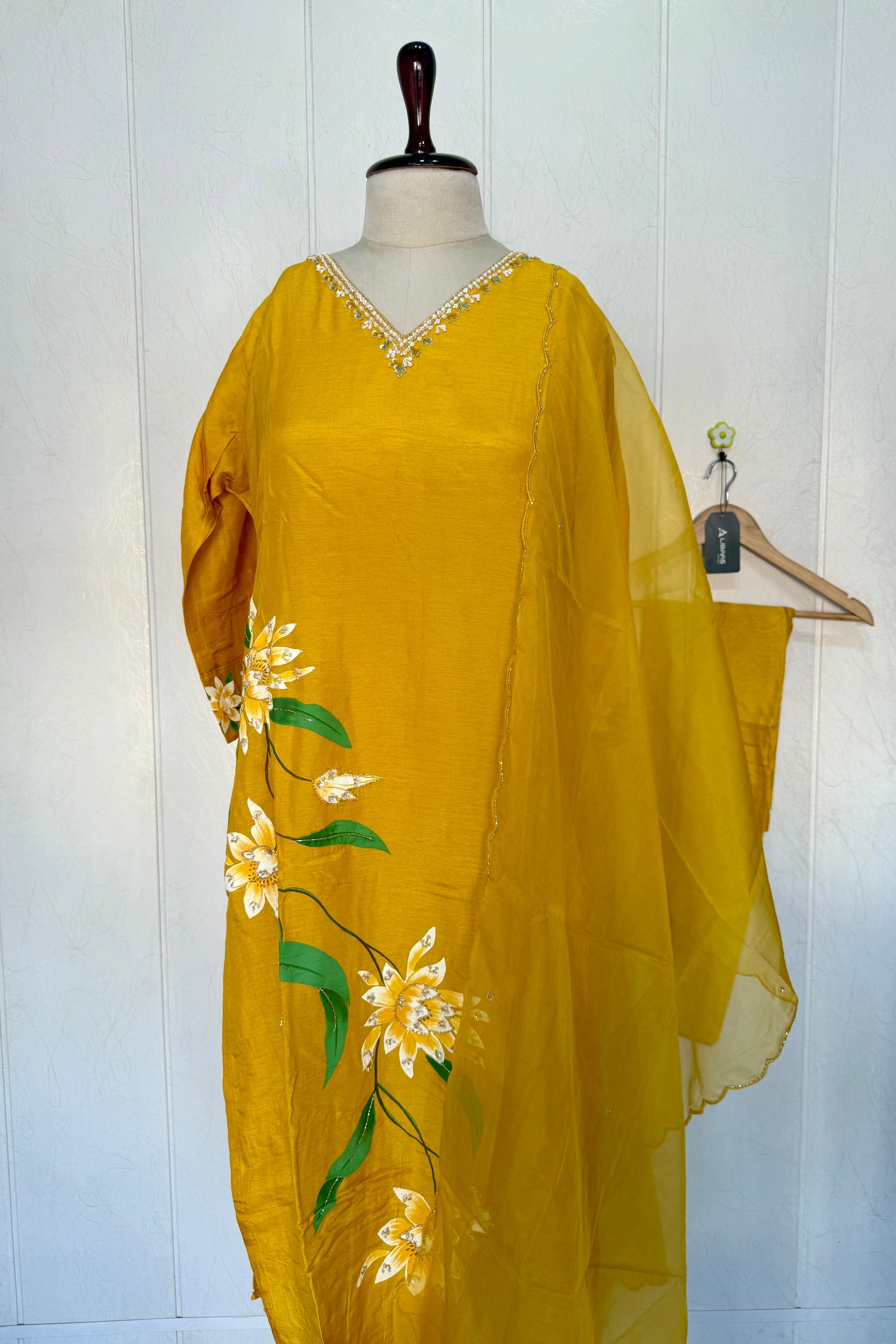 “Yeefa” Mustard Yellow dola silk hand print kurta set