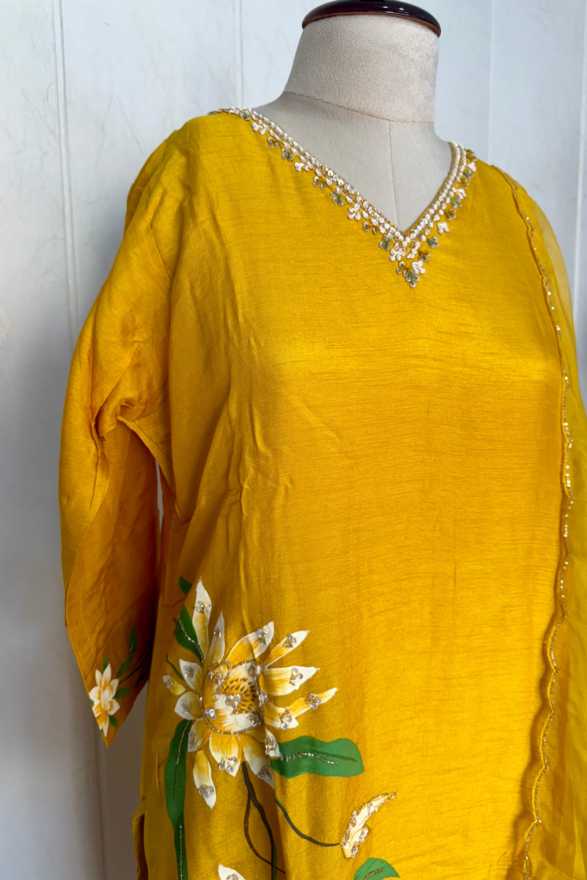 “Yeefa” Mustard Yellow dola silk hand print kurta set