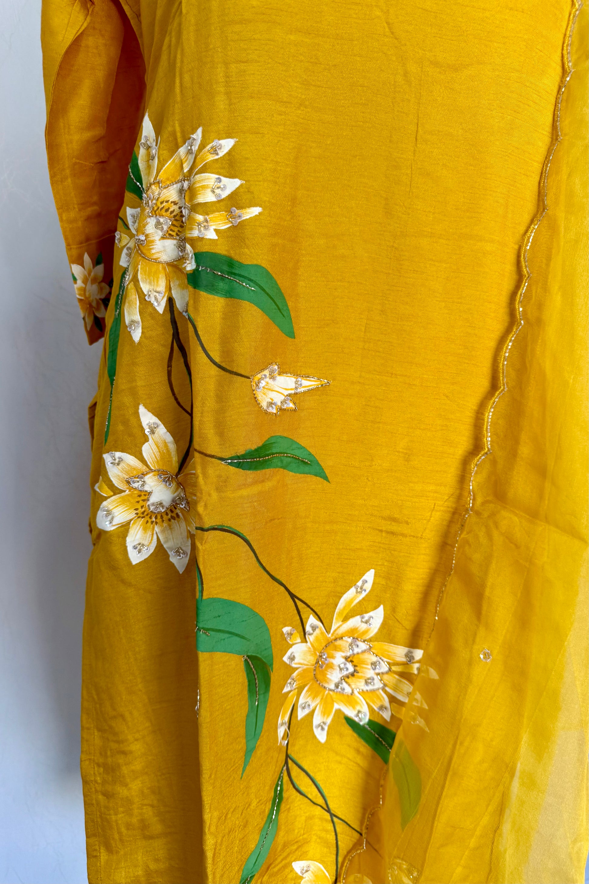 “Yeefa” Mustard Yellow dola silk hand print kurta set