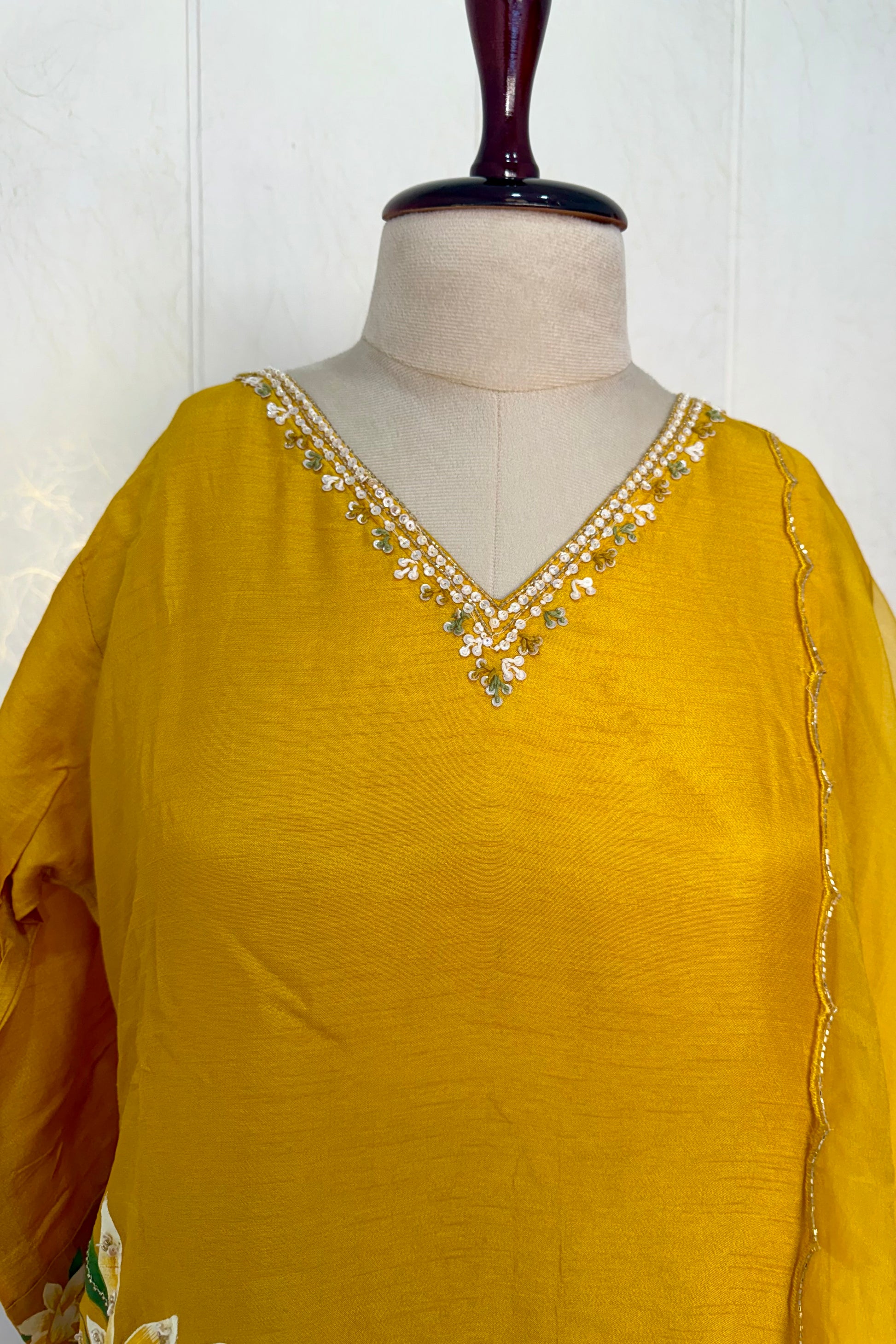 “Yeefa” Mustard Yellow dola silk hand print kurta set