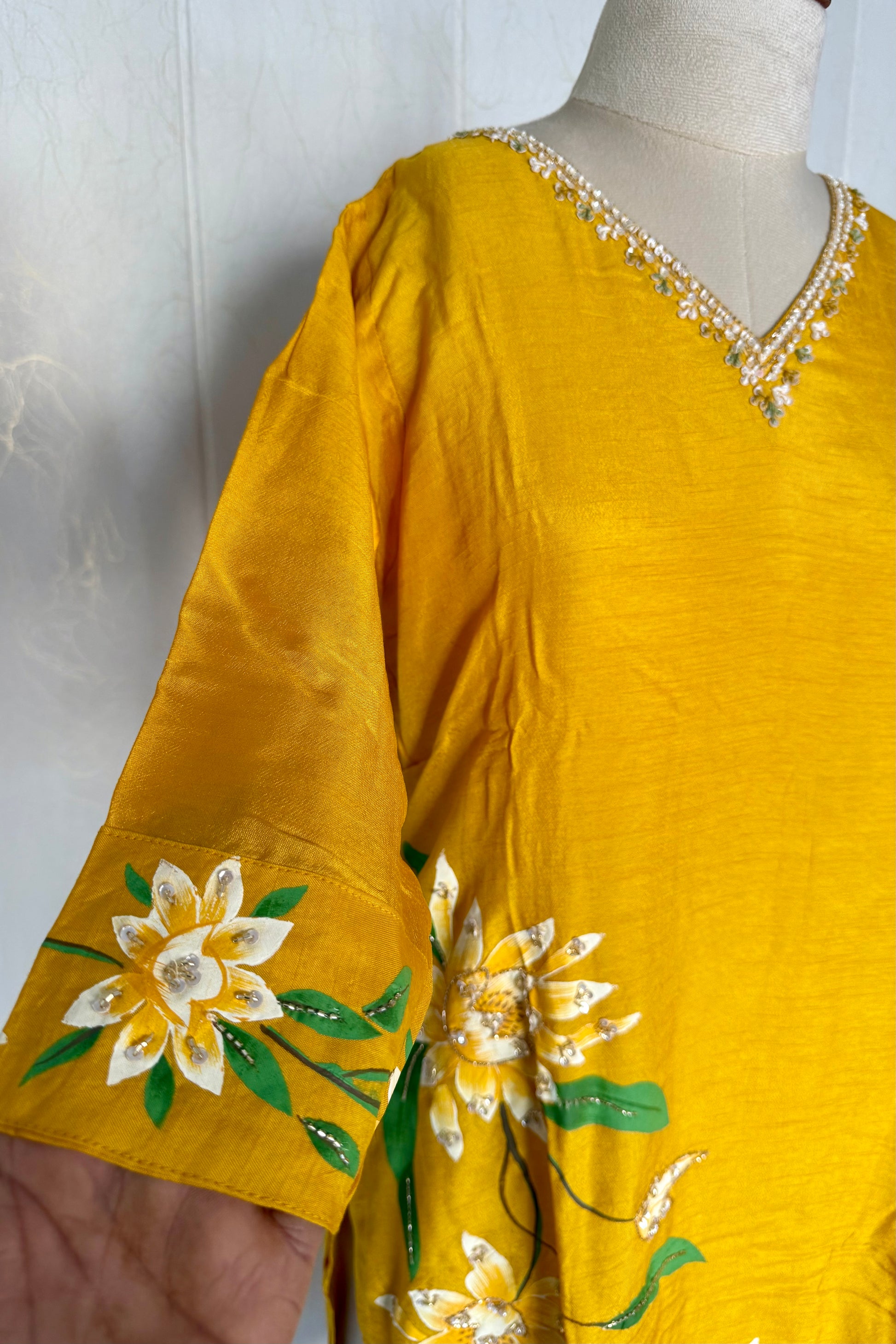 “Yeefa” Mustard Yellow dola silk hand print kurta set