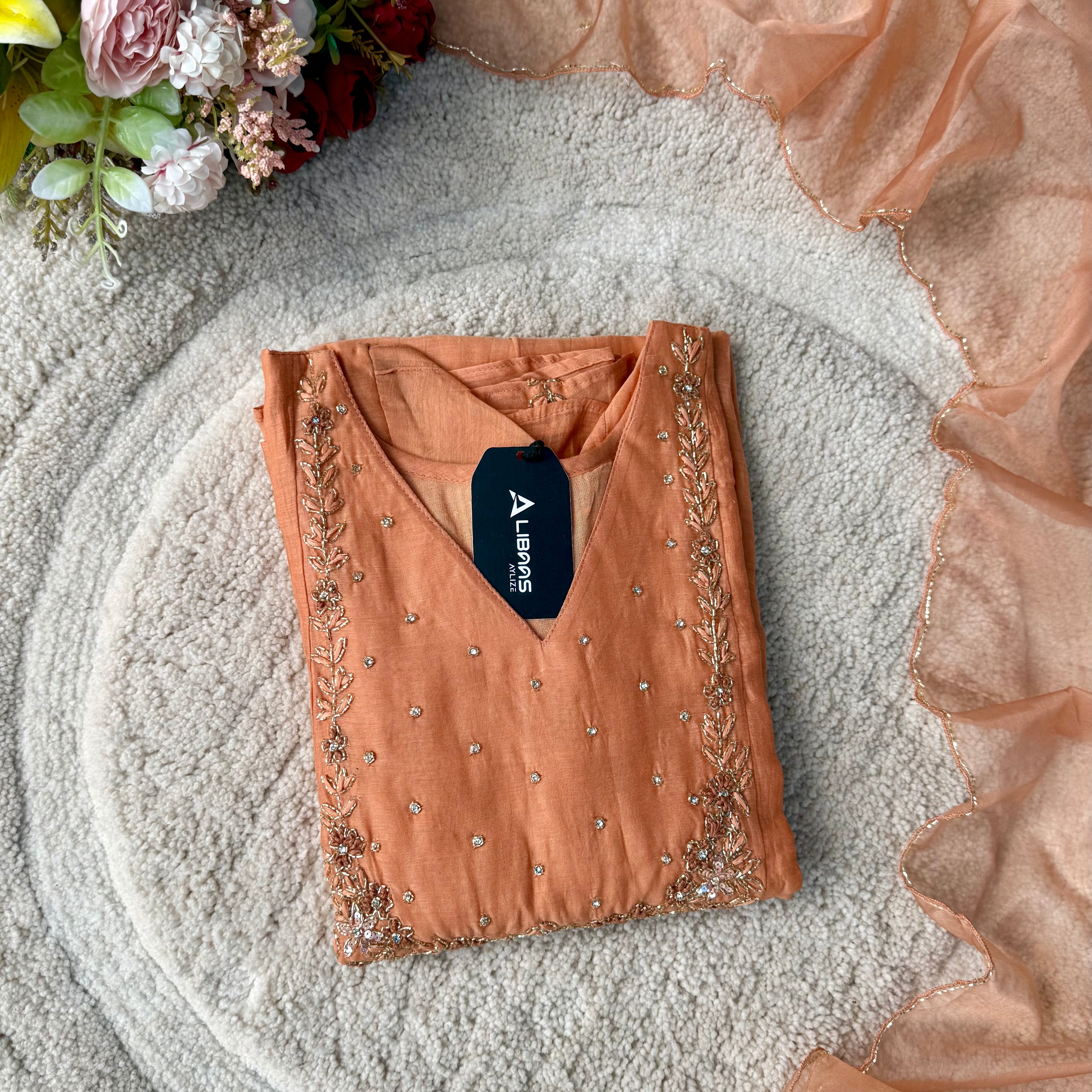 “Ayza” Premium Peach Mul Chanderi A Line Suit set 🛍️