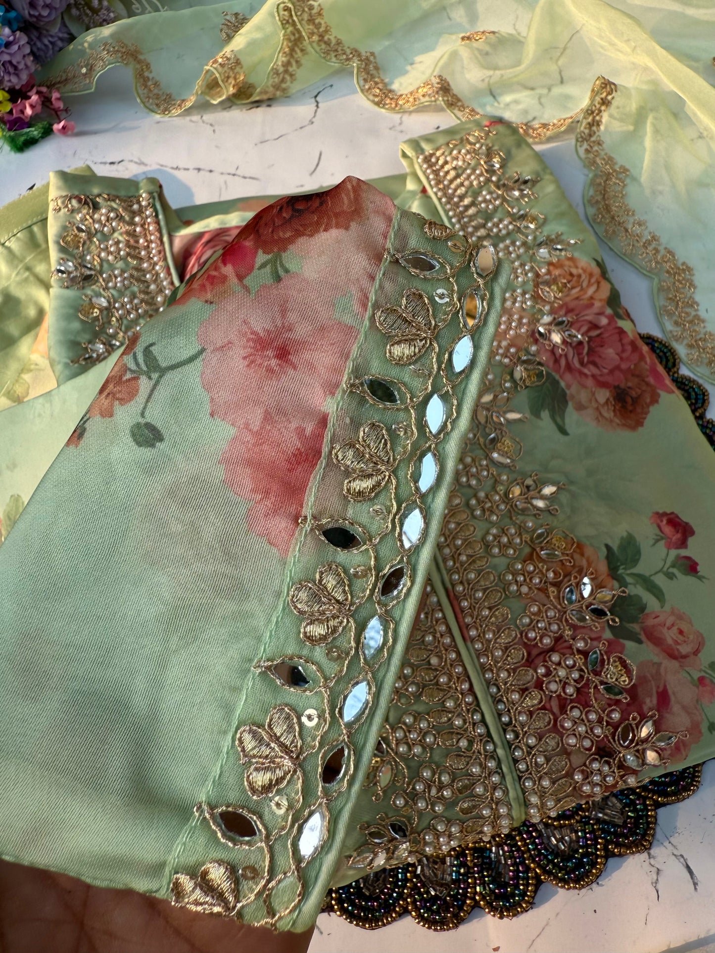 "Aditi" Pista green organza printed & handwork stright kurta set