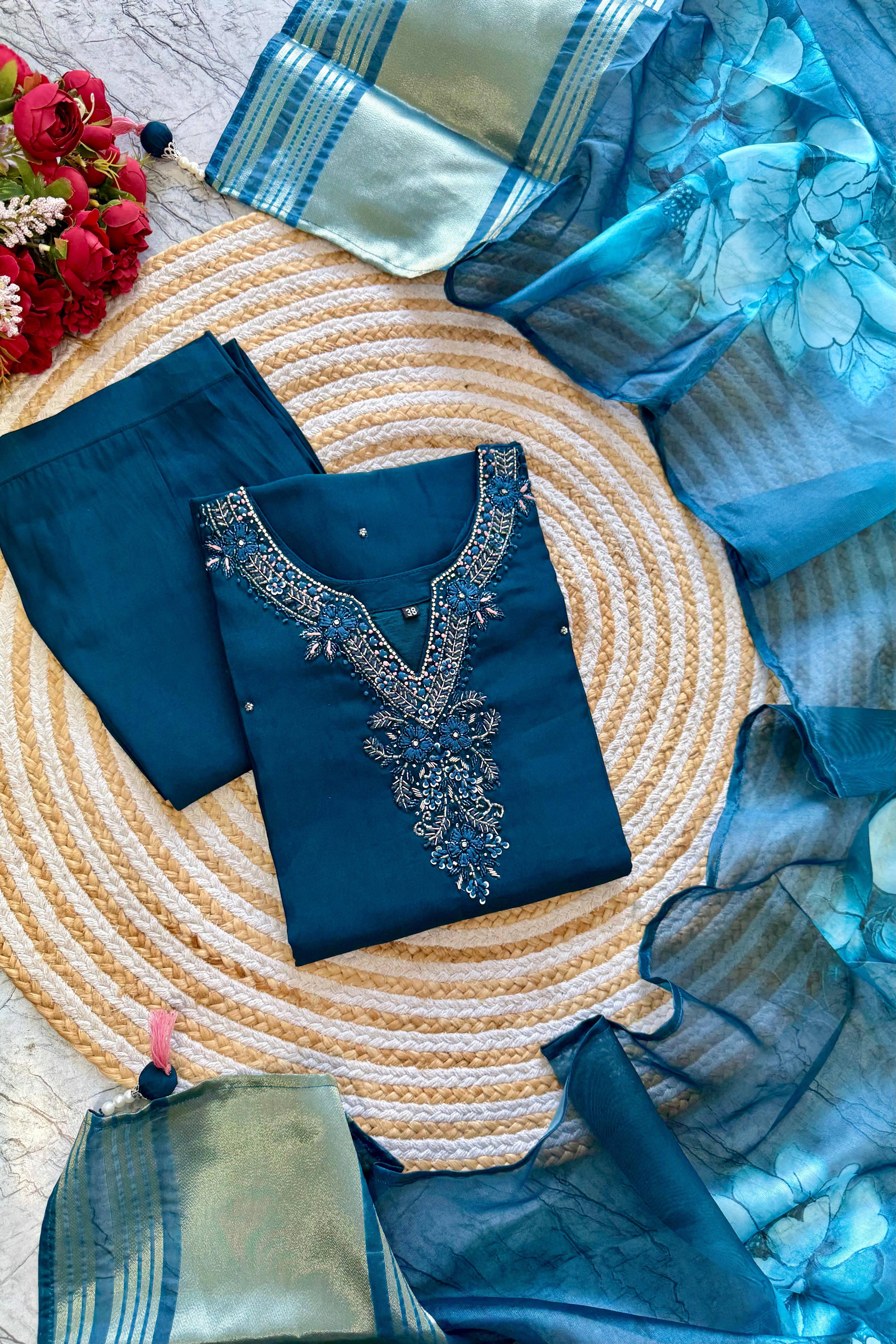 “KAVERI” Premium roman silk handcrafted kurti set