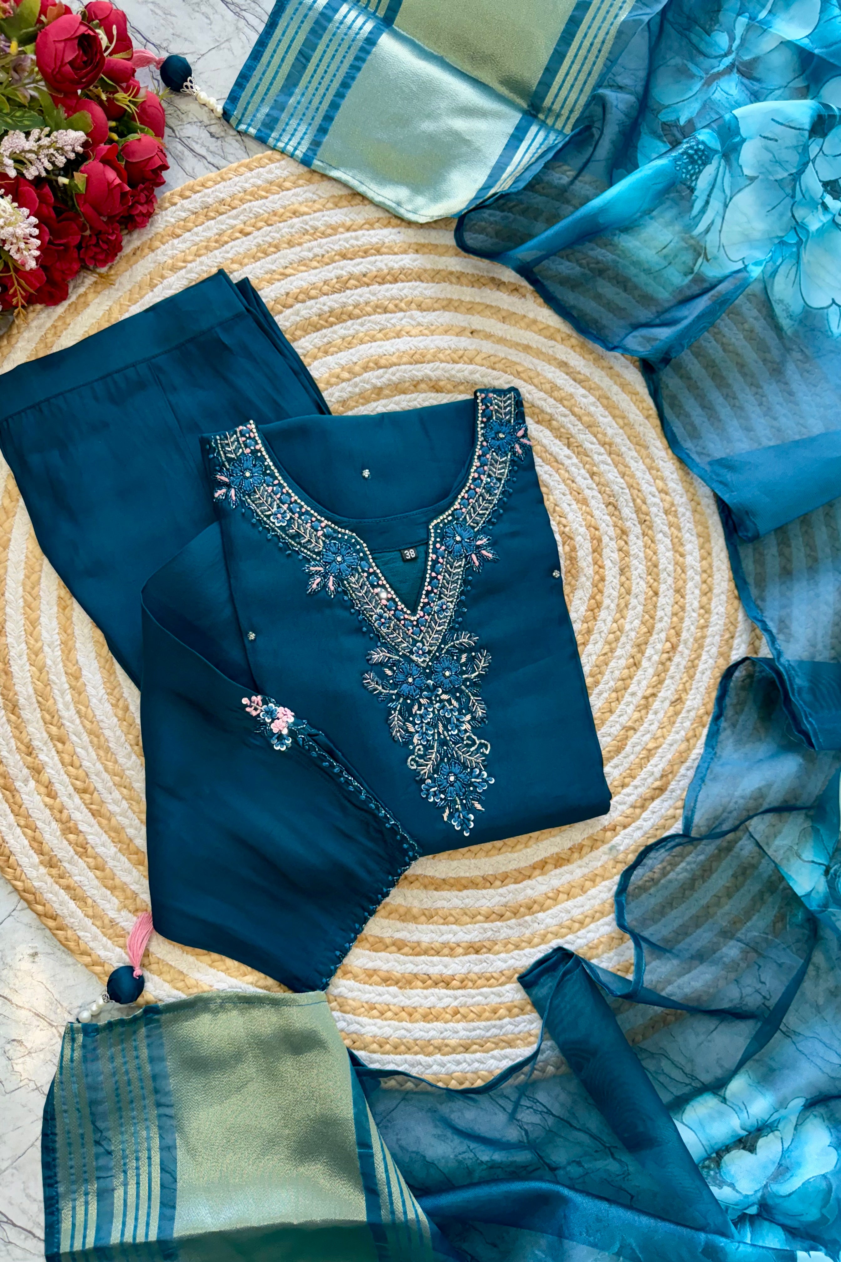 “KAVERI” Premium roman silk handcrafted kurti set