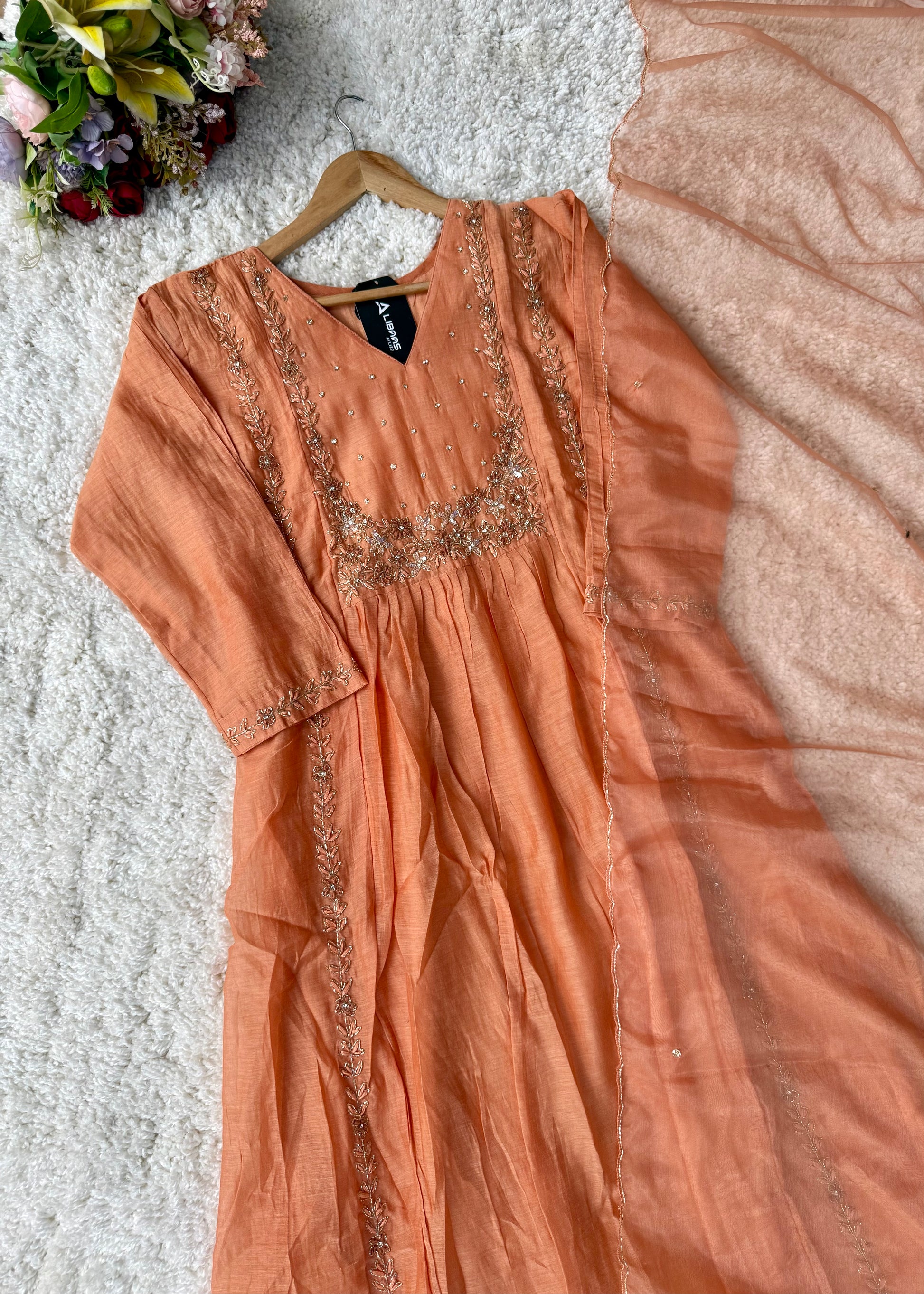 “Ayza” Premium Peach Mul Chanderi A Line Suit set 🛍️