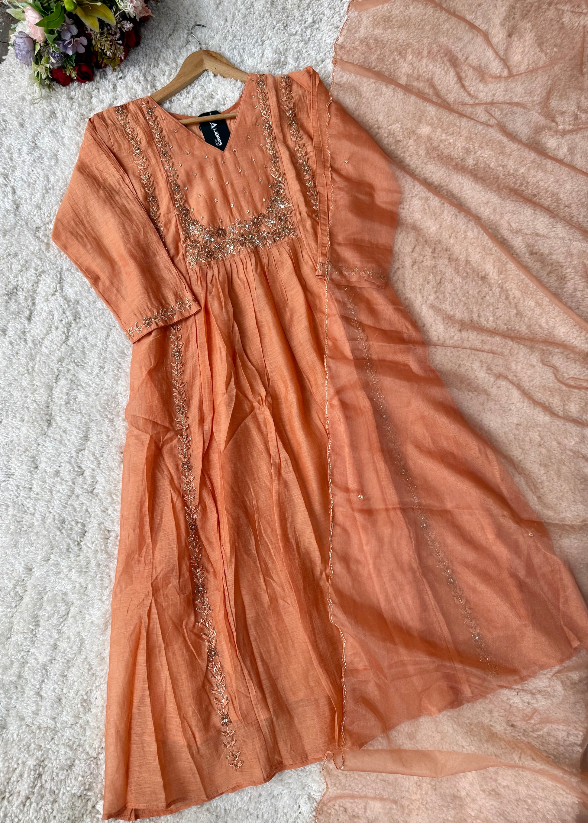“Ayza” Premium Peach Mul Chanderi A Line Suit set 🛍️
