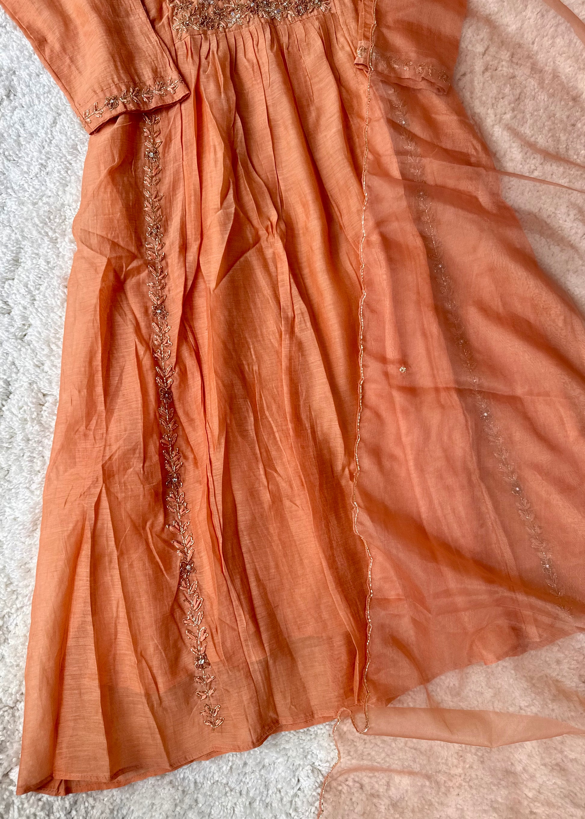 “Ayza” Premium Peach Mul Chanderi A Line Suit set 🛍️