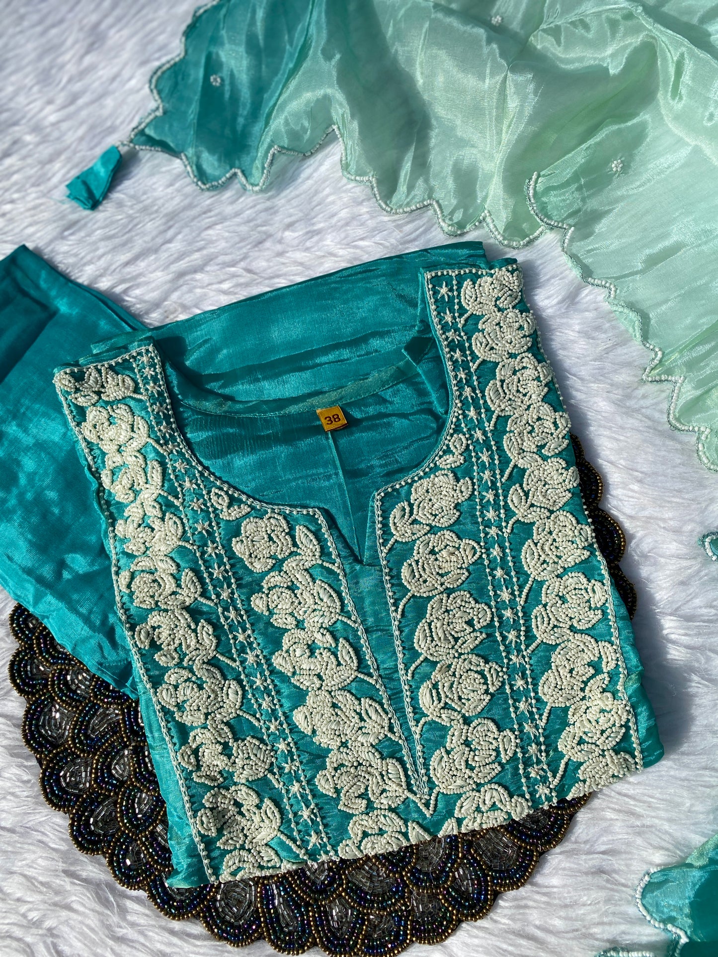 “NAIRA” Beautiful Tissue silk kurta with with pearl work set