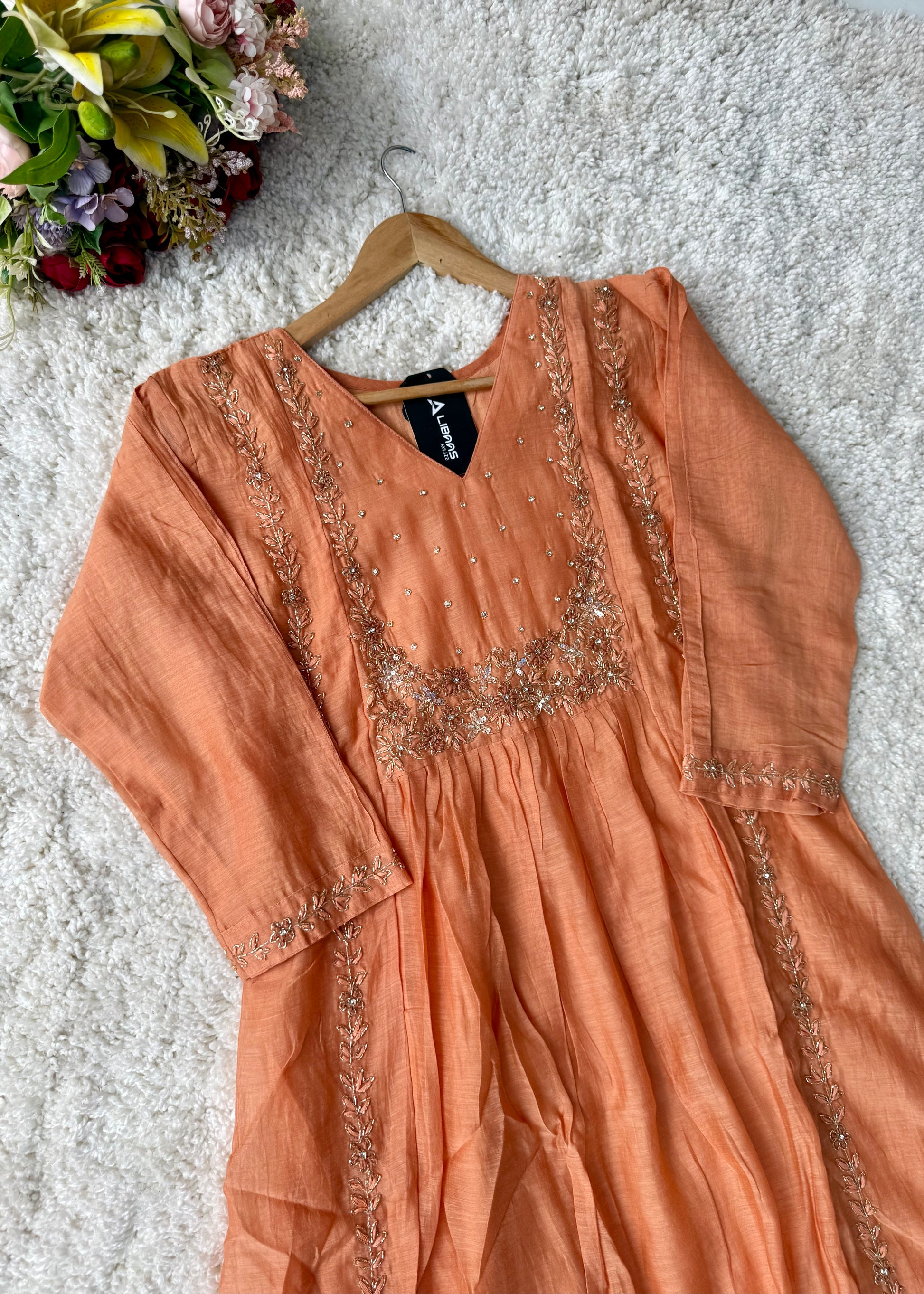 “Ayza” Premium Peach Mul Chanderi A Line Suit set 🛍️