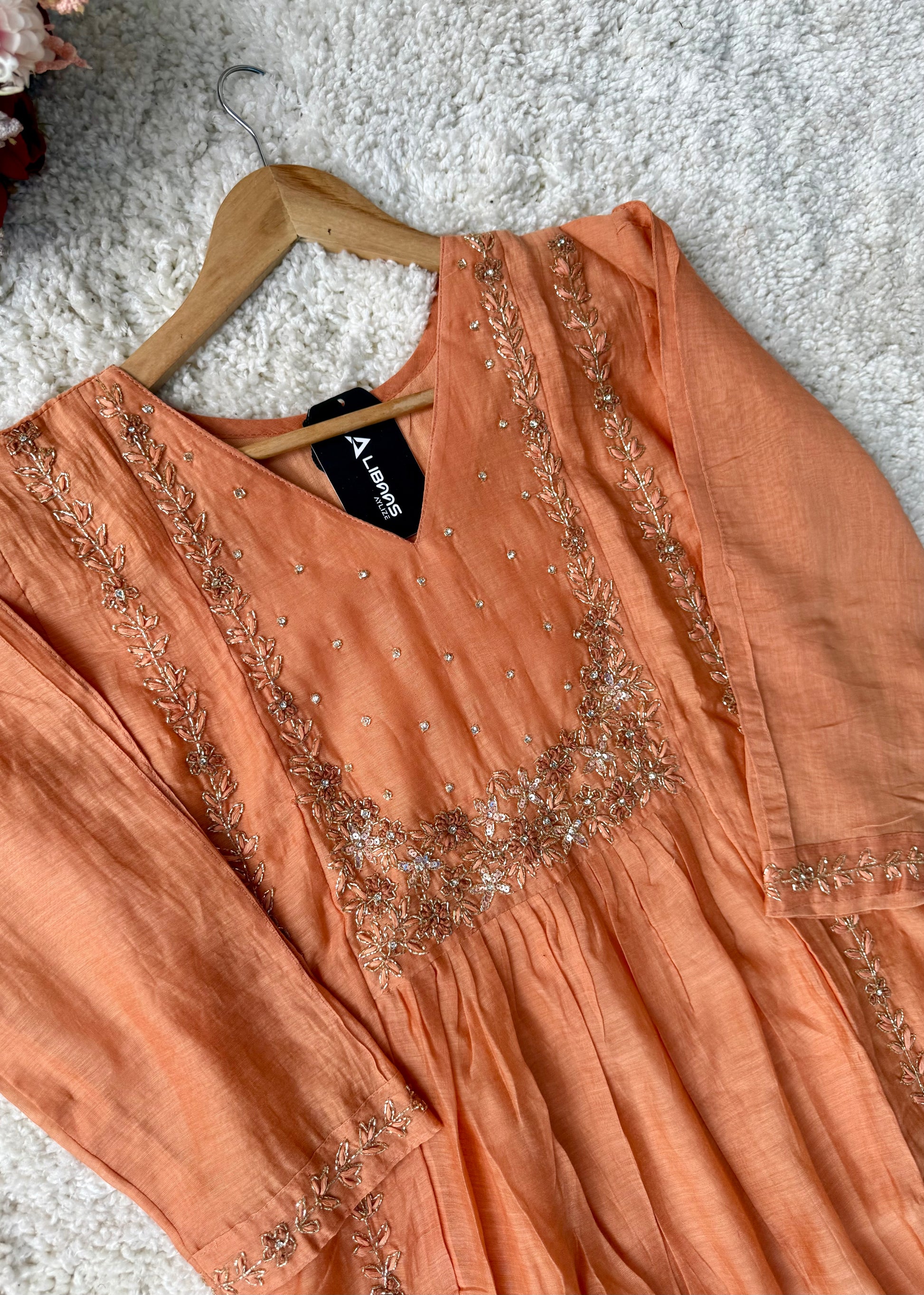 “Ayza” Premium Peach Mul Chanderi A Line Suit set 🛍️