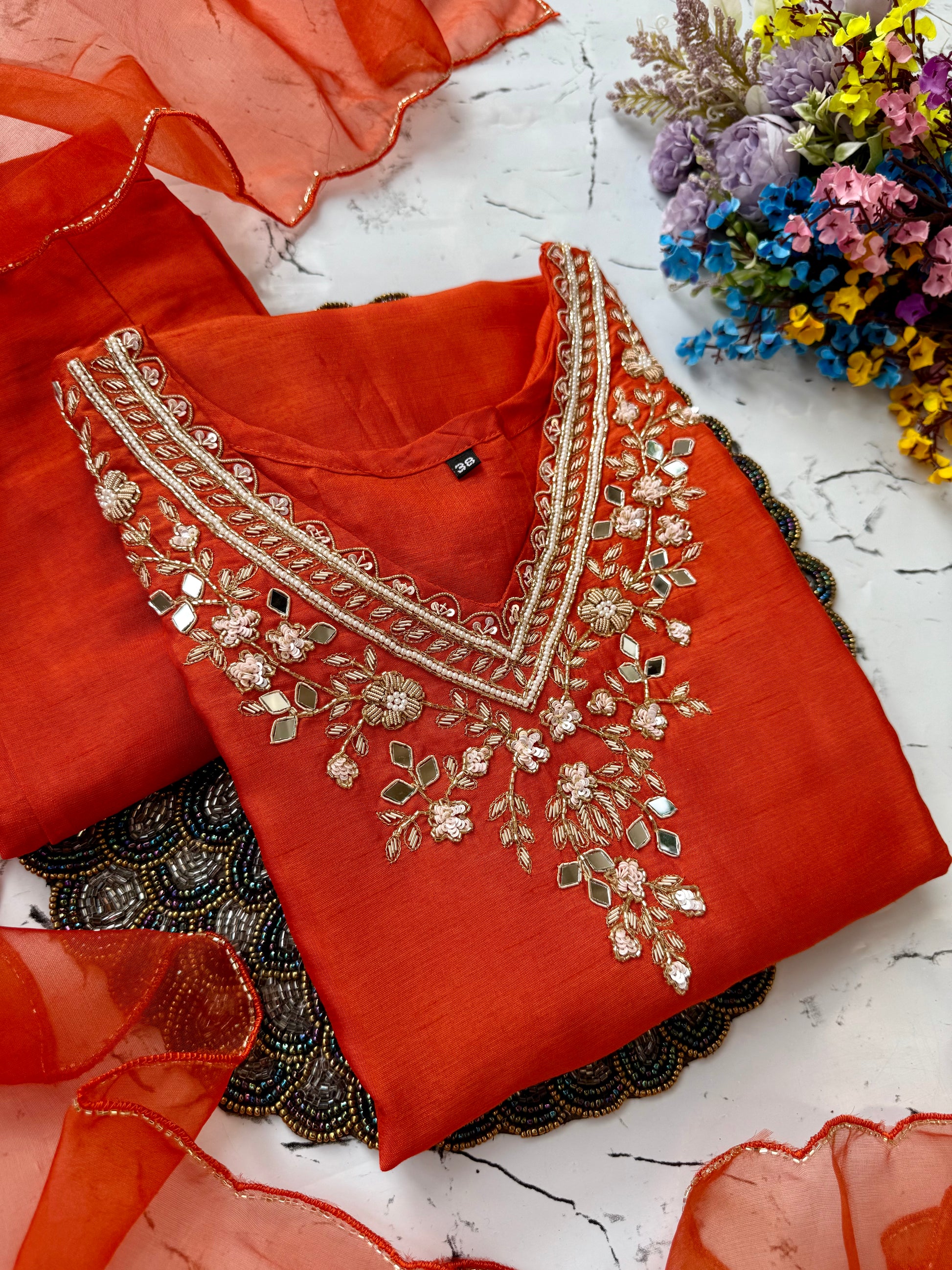 Aasma” Handcrafted mirror work dola silk kurti set 🛍️
