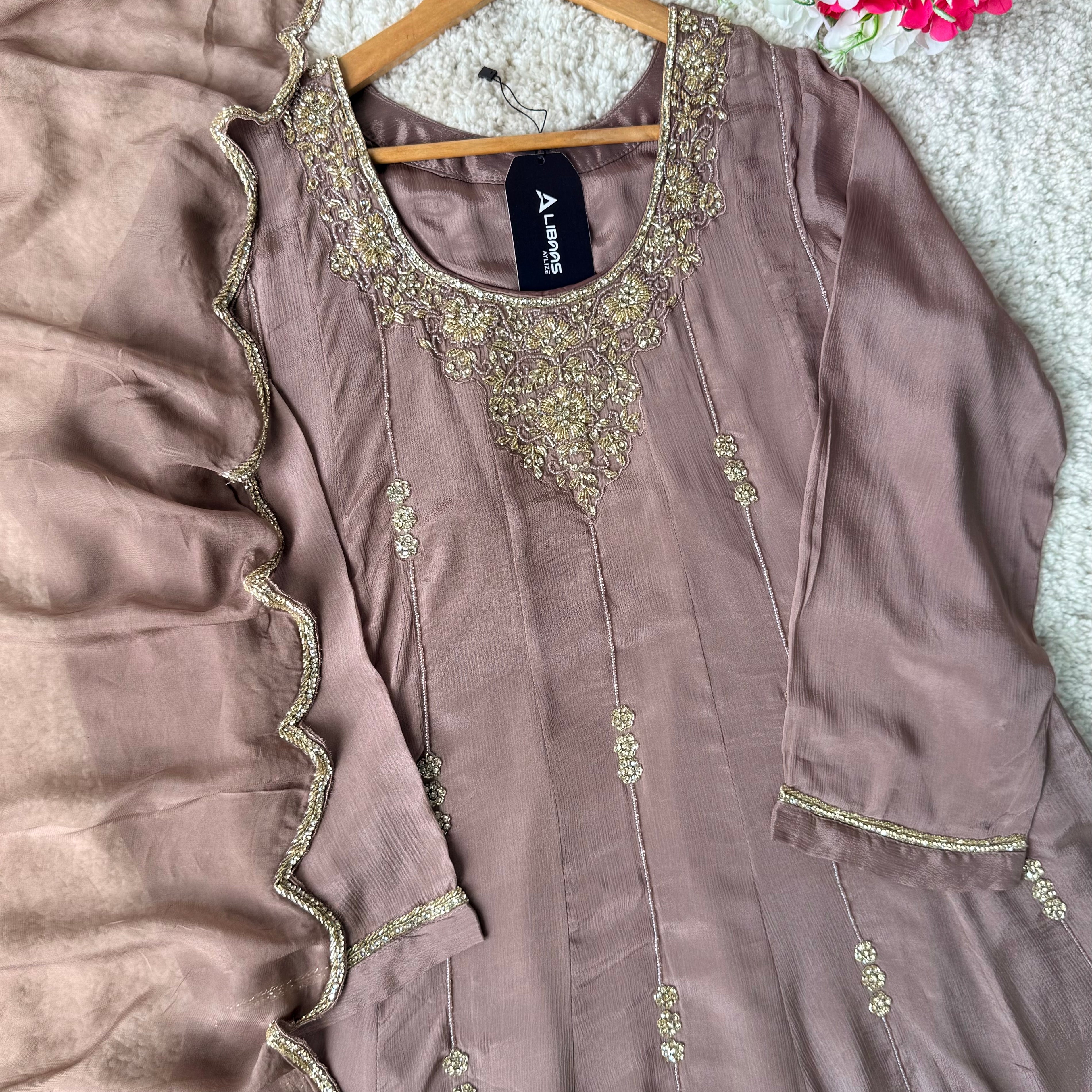 ✨Cocoa – Premium Dusty Cocoa Taupe Chinnon Anarkali suit