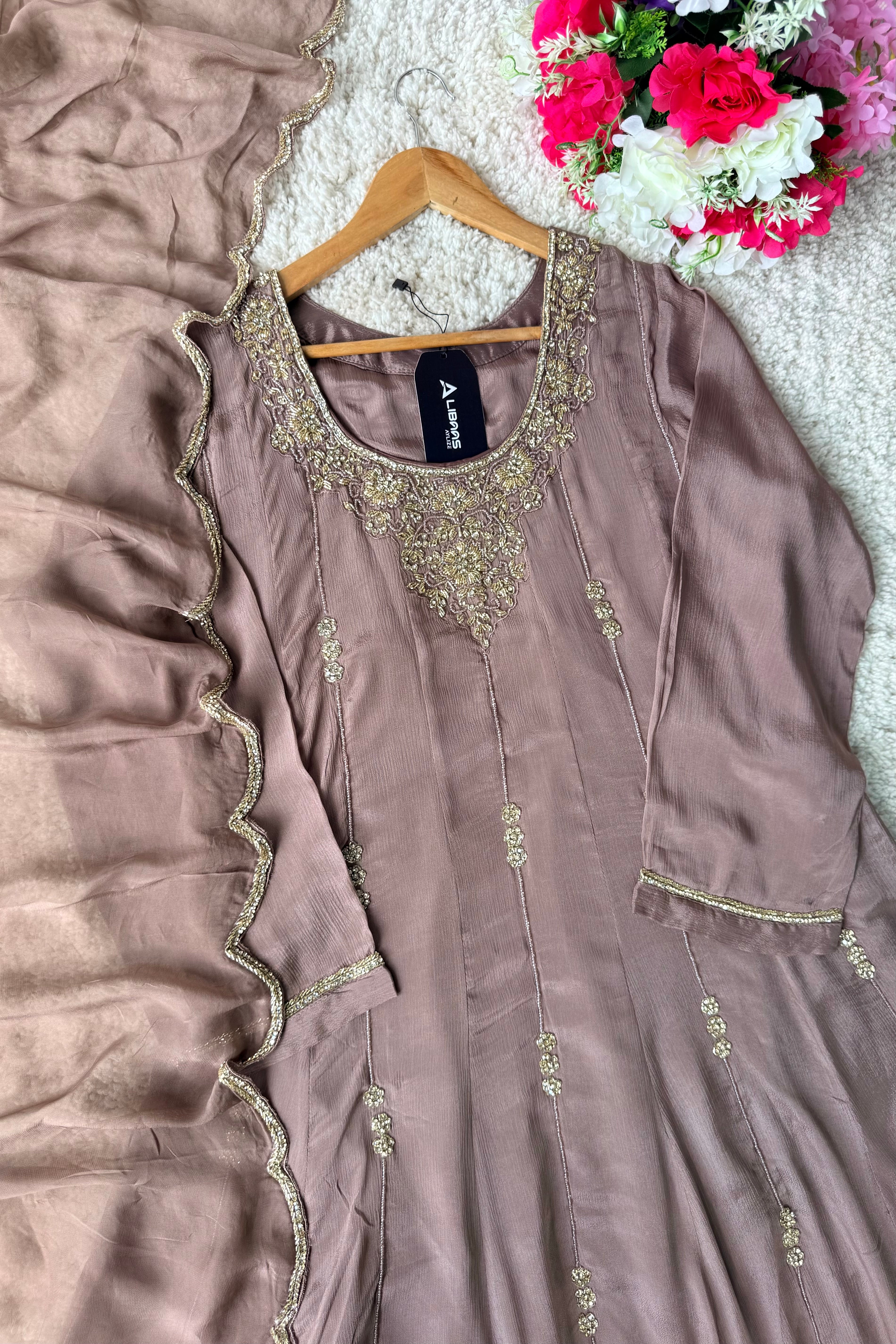 ✨Cocoa – Premium Dusty Cocoa Taupe Chinnon Anarkali suit