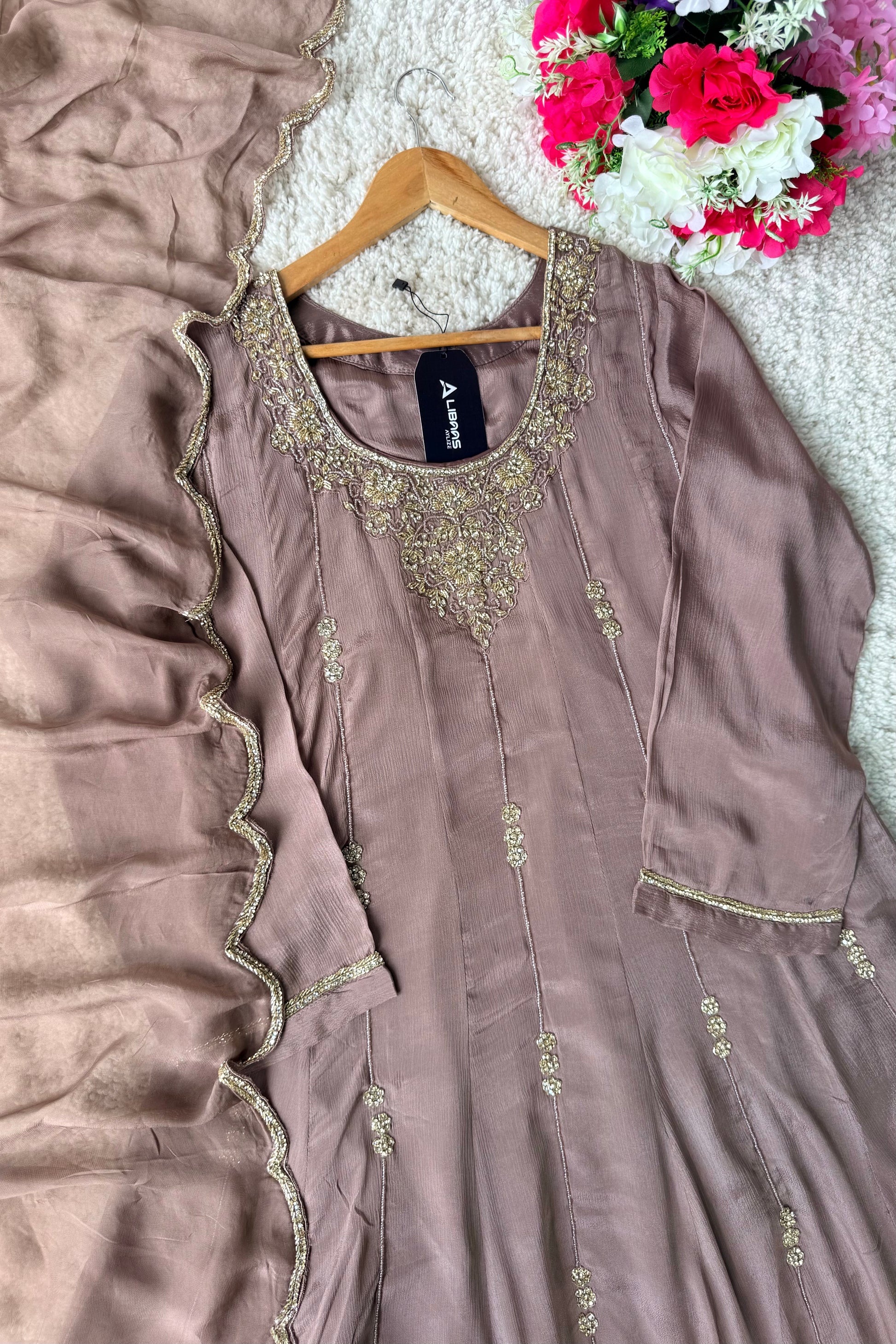 ✨Cocoa – Premium Dusty Cocoa Taupe Chinnon Anarkali suit