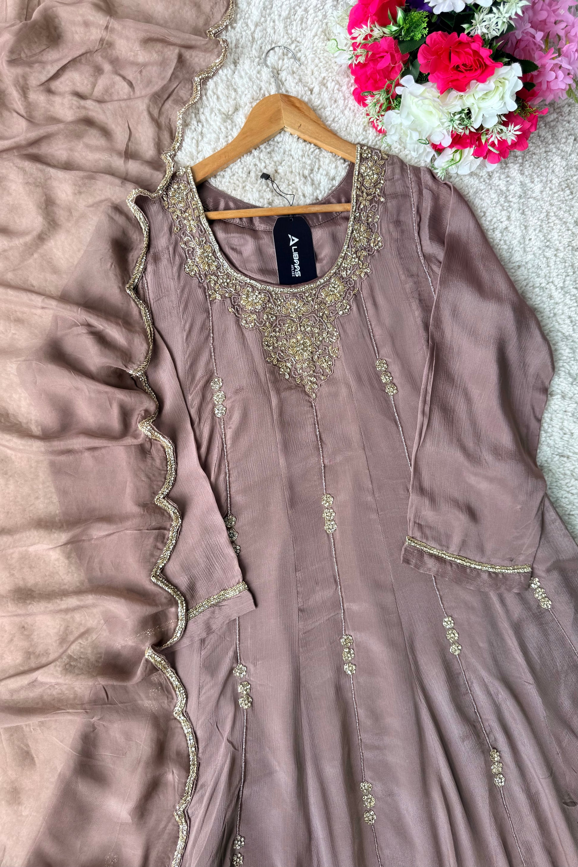 ✨Cocoa – Premium Dusty Cocoa Taupe Chinnon Anarkali suit