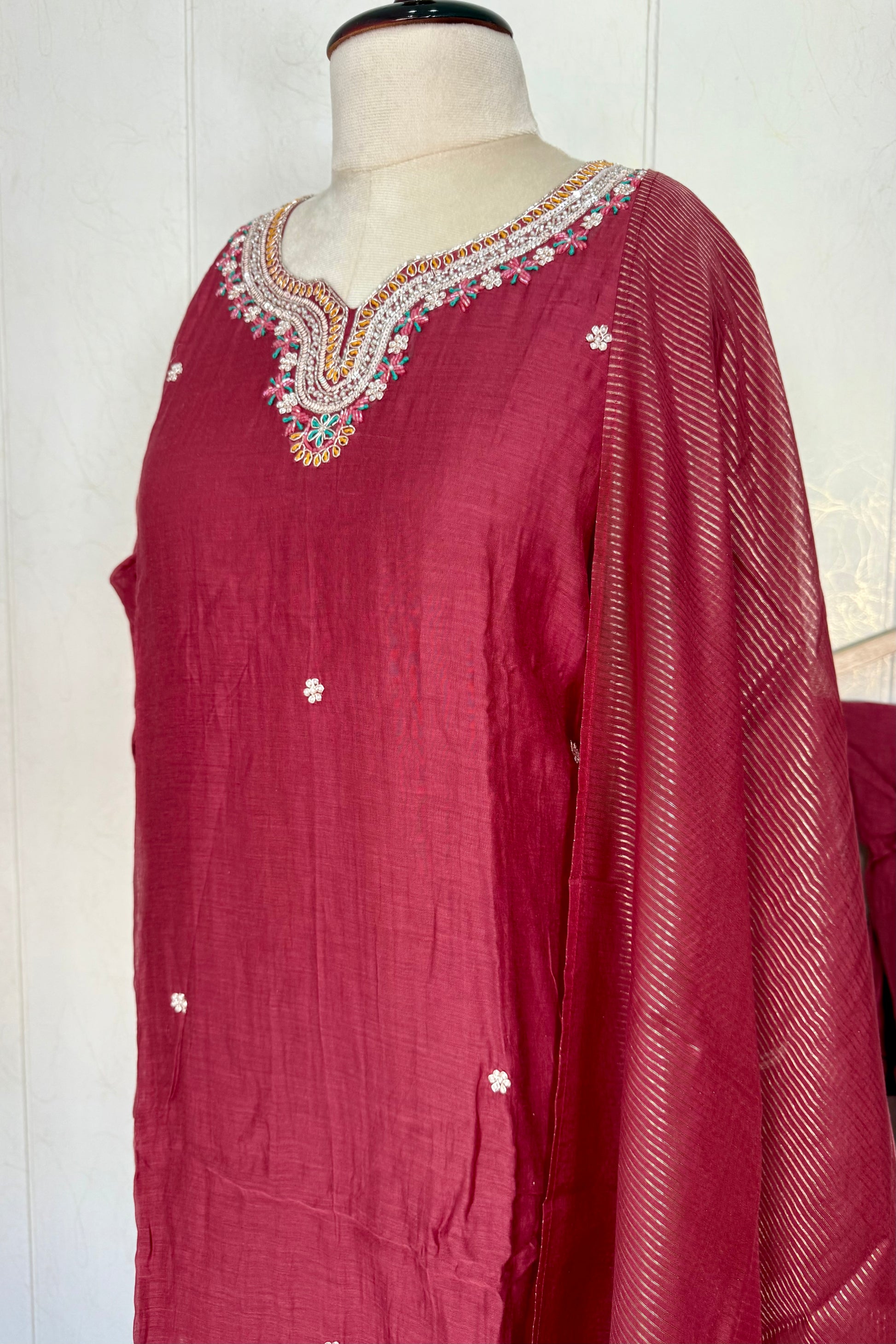 “Bindiya” Deep Rose Mul Chanderi handwork kurta set