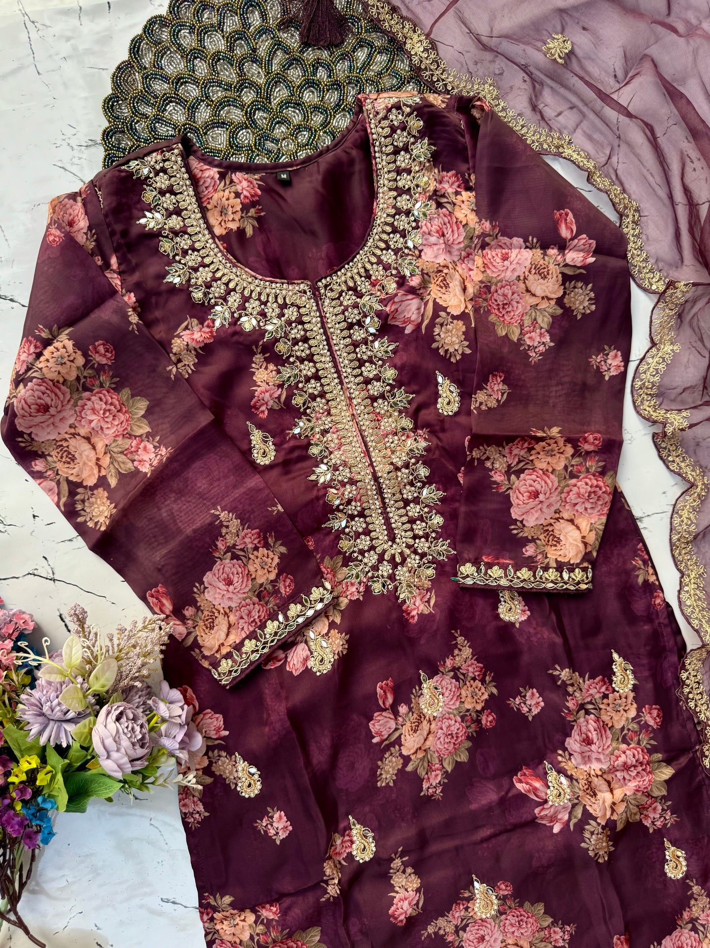 "Aditi" Wine organza printed & handwork stright kurta set