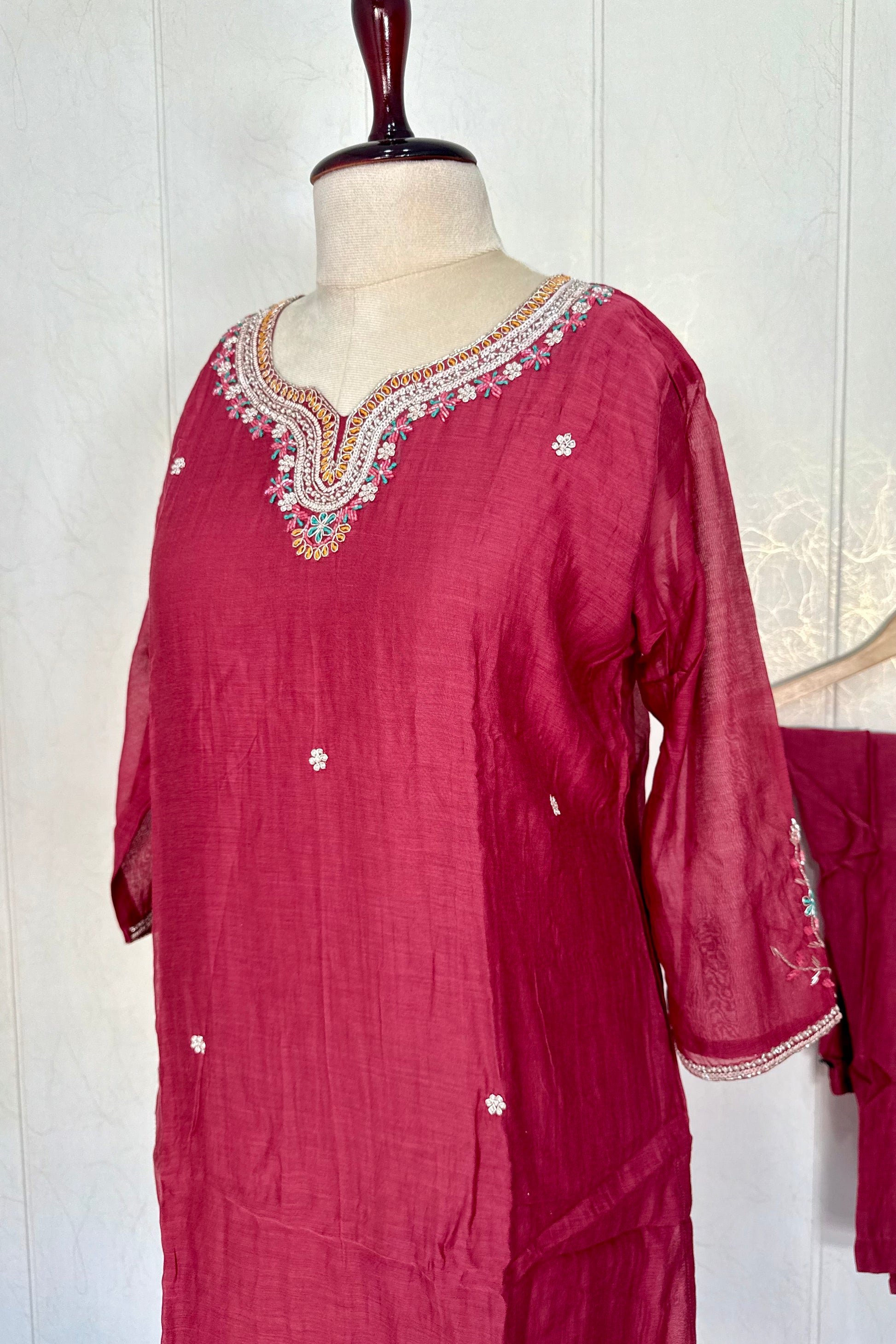 “Bindiya” Deep Rose Mul Chanderi handwork kurta set